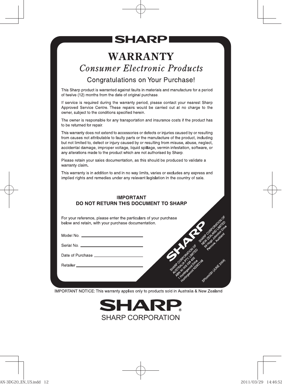 Page 12 of 12 - Sharp Sharp-Sharp-3D-Glasses-An-3Dg20-Users-Manual- AN-3DG20_EN_US  Sharp-sharp-3d-glasses-an-3dg20-users-manual