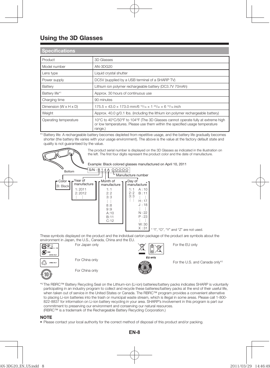 Page 8 of 12 - Sharp Sharp-Sharp-3D-Glasses-An-3Dg20-Users-Manual- AN-3DG20_EN_US  Sharp-sharp-3d-glasses-an-3dg20-users-manual