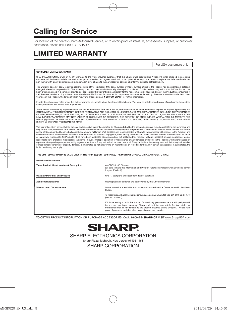 Page 9 of 12 - Sharp Sharp-Sharp-3D-Glasses-An-3Dg20-Users-Manual- AN-3DG20_EN_US  Sharp-sharp-3d-glasses-an-3dg20-users-manual