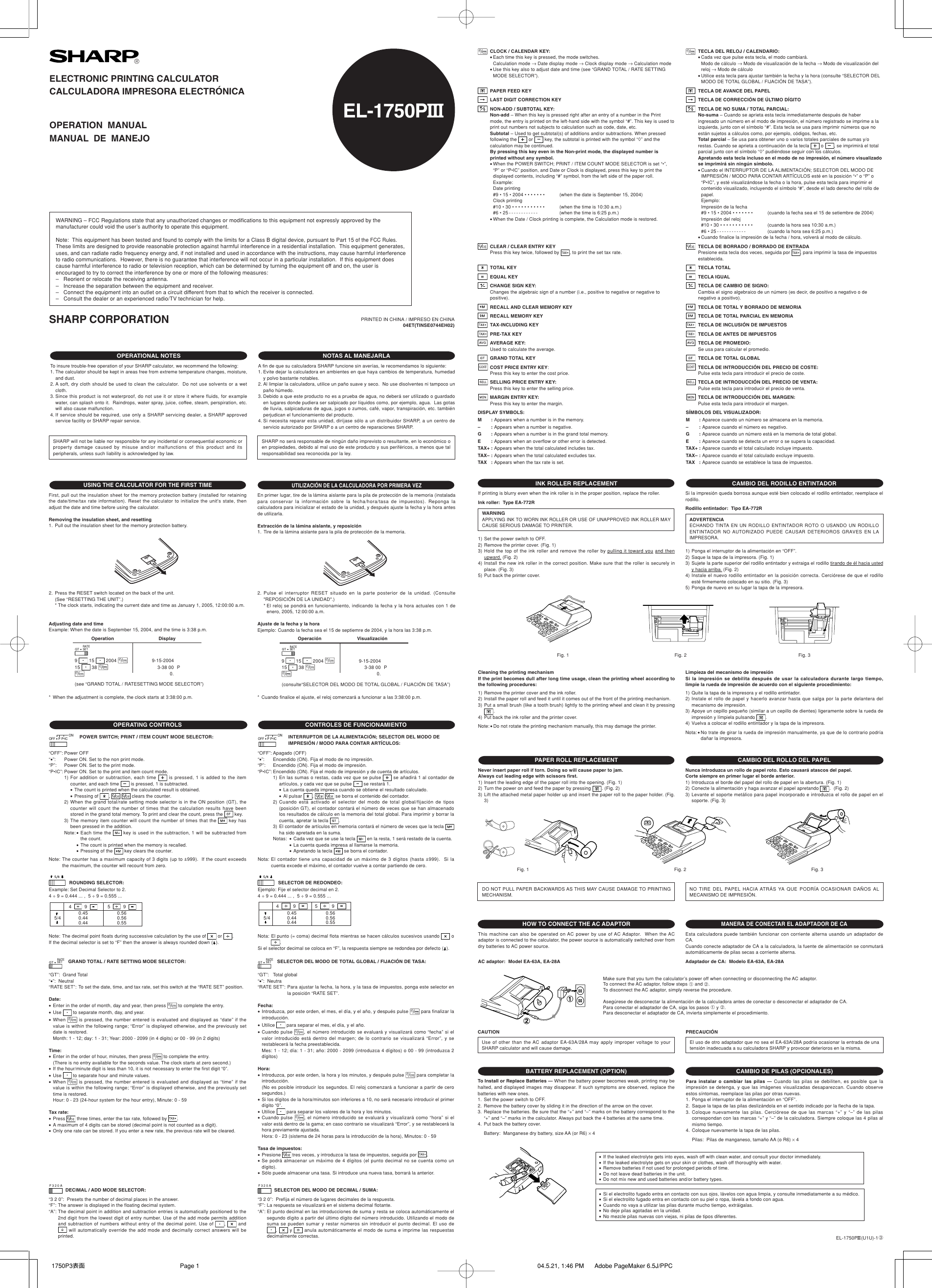 Page 1 of 2 - Sharp Sharp-Sharp-Calculator-El-1750Piii-Users-Manual- EL-1750PIII Operation Manual  Sharp-sharp-calculator-el-1750piii-users-manual