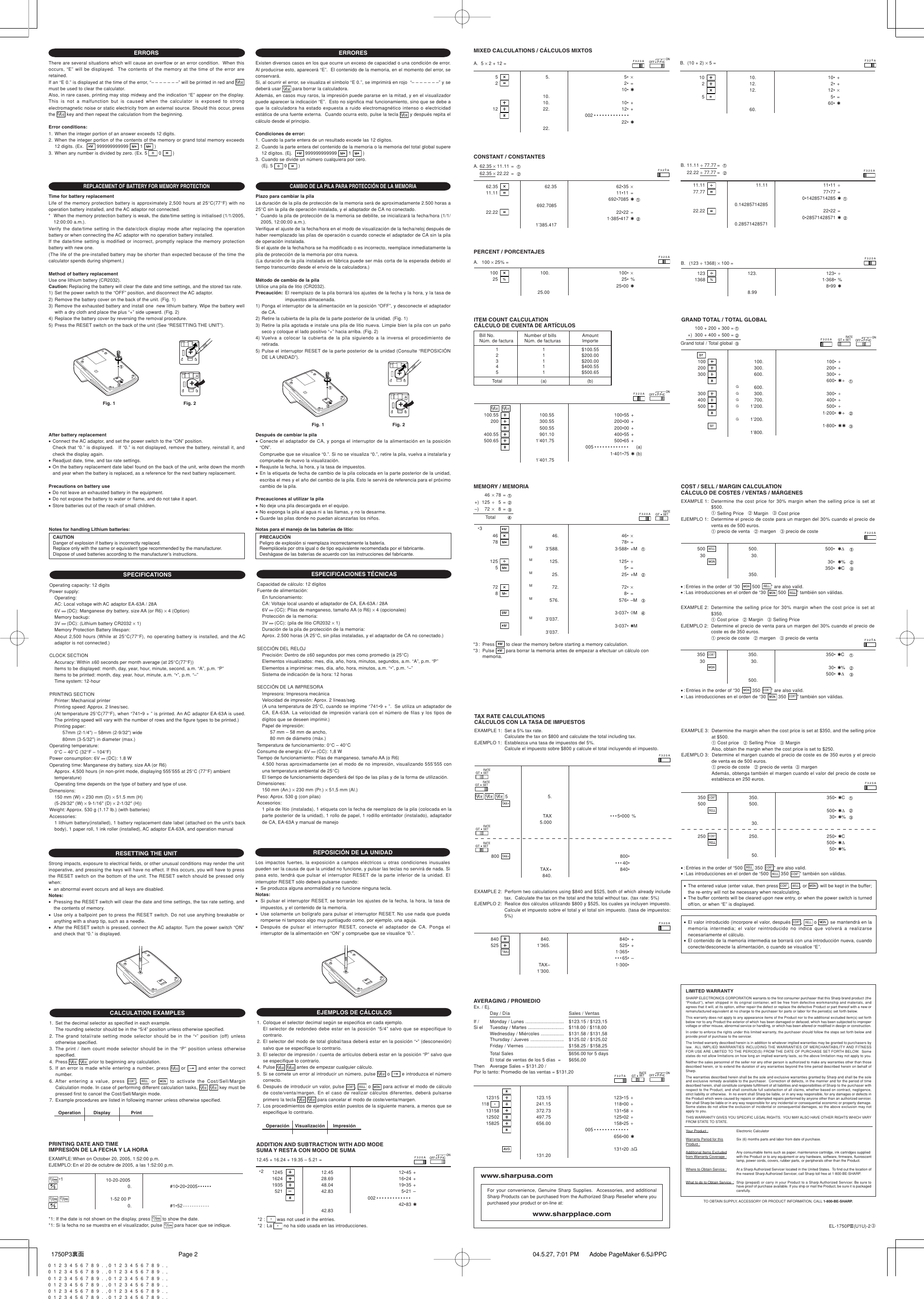 Page 2 of 2 - Sharp Sharp-Sharp-Calculator-El-1750Piii-Users-Manual- EL-1750PIII Operation Manual  Sharp-sharp-calculator-el-1750piii-users-manual