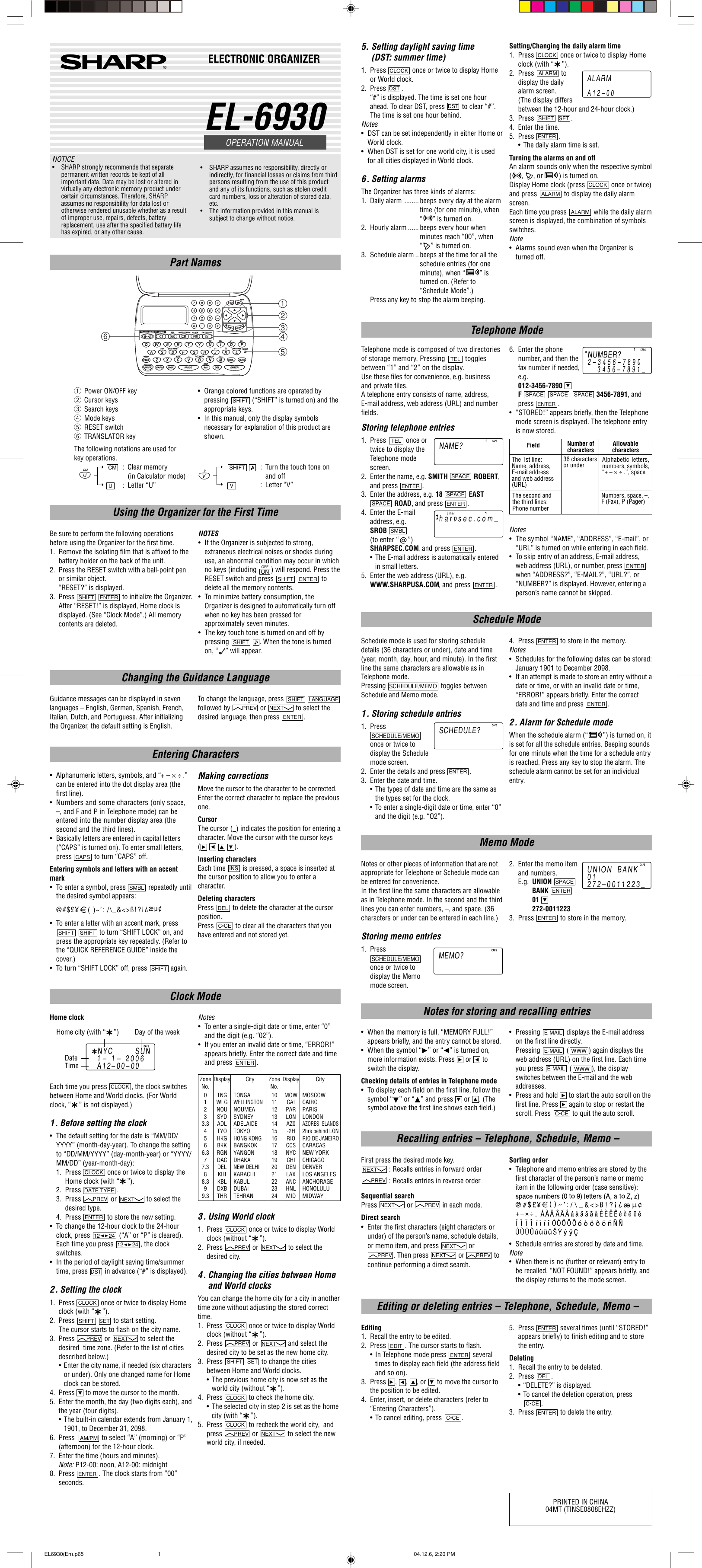 Page 1 of 2 - Sharp Sharp-Sharp-Pda-El-6930-Users-Manual- EL-6930 Operation Manual  Sharp-sharp-pda-el-6930-users-manual