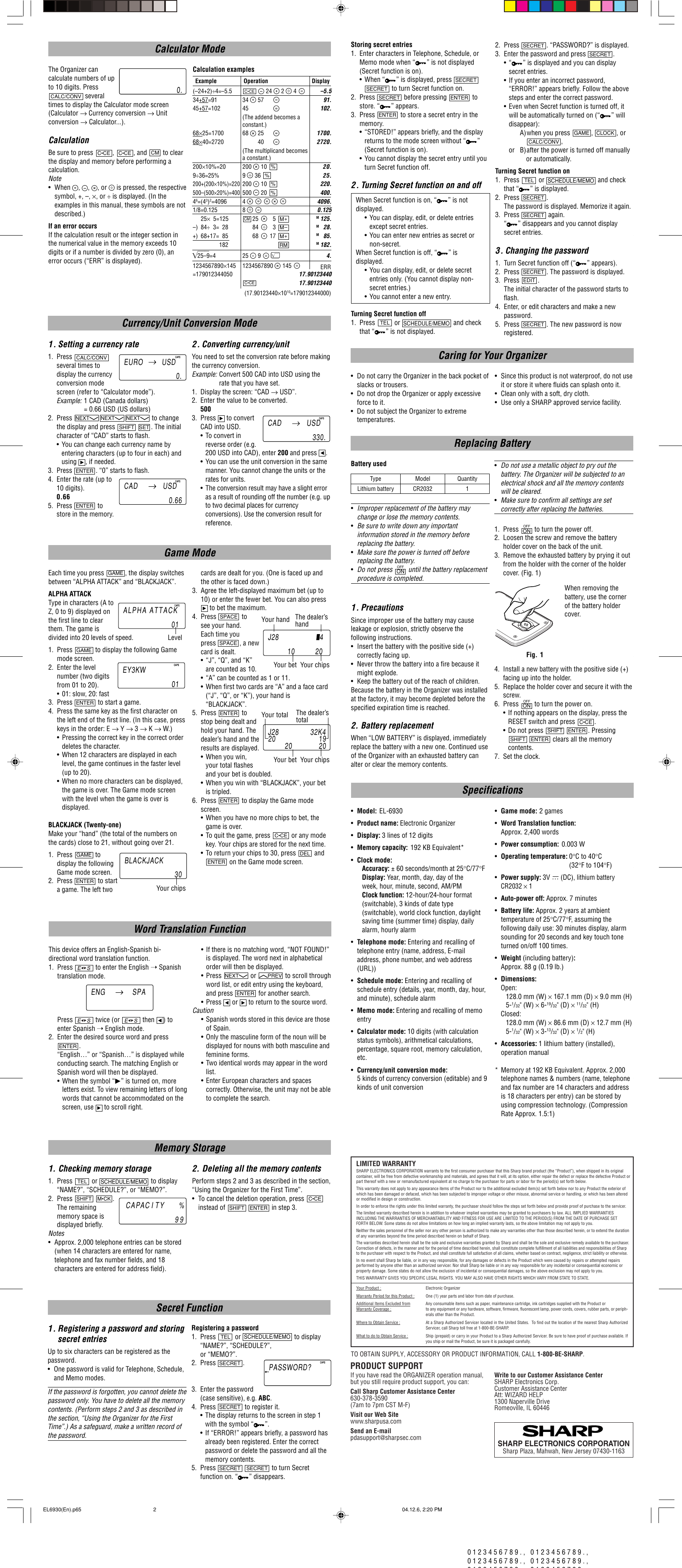 Page 2 of 2 - Sharp Sharp-Sharp-Pda-El-6930-Users-Manual- EL-6930 Operation Manual  Sharp-sharp-pda-el-6930-users-manual