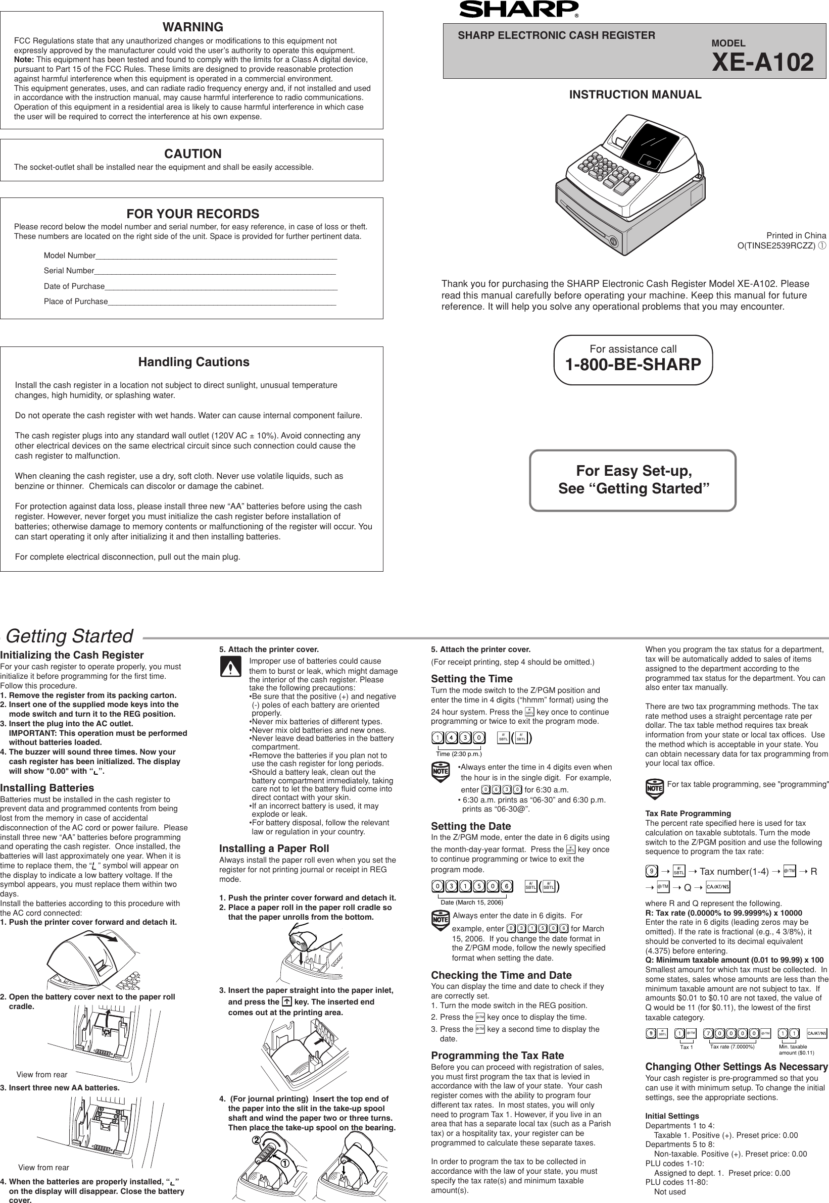 Page 1 of 6 - Sharp Sharp-Xe-A102-Owners-Manual- XE-A102 Operation Manual  Sharp-xe-a102-owners-manual