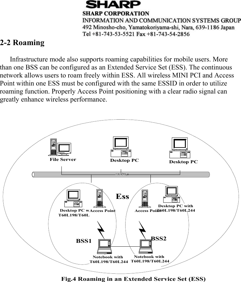  2-2 Roaming        Infrastructure mode also supports roaming capabilities for mobile users. More than one BSS can be configured as an Extended Service Set (ESS). The continuous network allows users to roam freely within ESS. All wireless MINI PCI and Access Point within one ESS must be configured with the same ESSID in order to utilize roaming function. Properly Access Point positioning with a clear radio signal can greatly enhance wireless performance.     EssBSS1 BSS2¤A¤Óºô¸ôFile Server Desktop PC Desktop PCDesktop PC withT60L198/T60L244Desktop PC withT60L198/T60L244Access Point Access PointNotebook withT60L198/T60L244Notebook withT60L198/T60L244Fig.4 Roaming in an Extended Service Set (ESS)                     