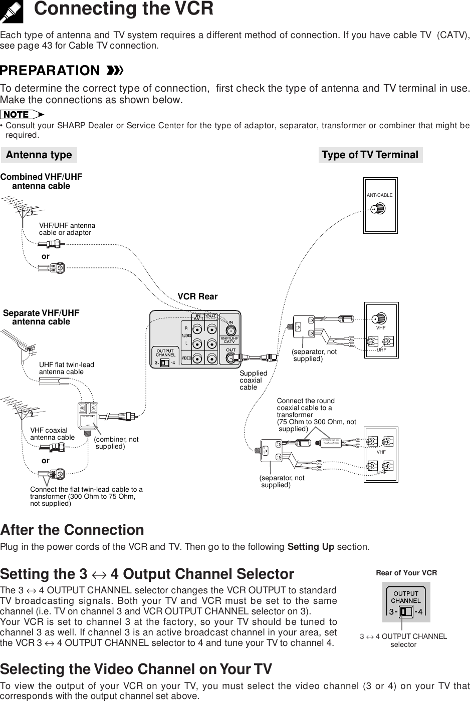 Setting the 3 ↔ 4 Output Channel SelectorThe 3 ↔ 4 OUTPUT CHANNEL selector changes the VCR OUTPUT to standardTV broadcasting signals. Both your TV and VCR must be set to the samechannel (i.e. TV on channel 3 and VCR OUTPUT CHANNEL selector on 3).Your VCR is set to channel 3 at the factory, so your TV should be tuned tochannel 3 as well. If channel 3 is an active broadcast channel in your area, setthe VCR 3 ↔ 4 OUTPUT CHANNEL selector to 4 and tune your TV to channel 4.Connecting the VCREach type of antenna and TV system requires a different method of connection. If you have cable TV  (CATV),see page 43 for Cable TV connection.To determine the correct type of connection,  first check the type of antenna and TV terminal in use.Make the connections as shown below.•Consult your SHARP Dealer or Service Center for the type of adaptor, separator, transformer or combiner that might berequired.After the ConnectionPlug in the power cords of the VCR and TV. Then go to the following Setting Up section.ANT/CABLEAntenna typeCombined VHF/UHFantenna cableVCR RearSeparate VHF/UHFantenna cableType of TV TerminalUHFVHFVHF UHFU/V INUHF VHFororVHF/UHF antennacable or adaptorUHF flat twin-leadantenna cable Suppliedcoaxialcable(separator, not supplied)(combiner, not supplied)VHF coaxialantenna cableConnect the flat twin-lead cable to atransformer (300 Ohm to 75 Ohm,not supplied)U/V INUHF VHFVHF MATCHING BOX75Ω300ΩConnect the roundcoaxial cable to a transformer(75 Ohm to 300 Ohm, not supplied)(separator, not supplied)VHF UHF3 ↔ 4 OUTPUT CHANNELselectorRear of Your VCRSelecting the Video Channel on Your TVTo view the output of your VCR on your TV, you must select the video channel (3 or 4) on your TV thatcorresponds with the output channel set above.
