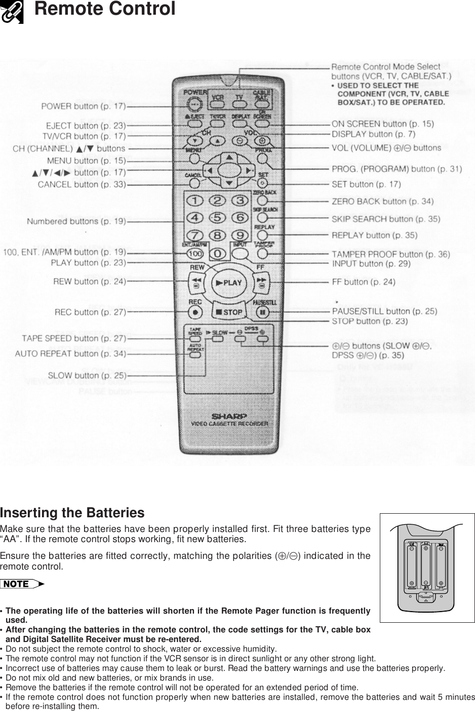 Remote ControlInserting the BatteriesMake sure that the batteries have been properly installed first. Fit three batteries type“AA”. If the remote control stops working, fit new batteries.Ensure the batteries are fitted correctly, matching the polarities (j/k) indicated in theremote control.• The operating life of the batteries will shorten if the Remote Pager function is frequentlyused.• After changing the batteries in the remote control, the code settings for the TV, cable boxand Digital Satellite Receiver must be re-entered.•Do not subject the remote control to shock, water or excessive humidity.•The remote control may not function if the VCR sensor is in direct sunlight or any other strong light.•Incorrect use of batteries may cause them to leak or burst. Read the battery warnings and use the batteries properly.•Do not mix old and new batteries, or mix brands in use.•Remove the batteries if the remote control will not be operated for an extended period of time.•If the remote control does not function properly when new batteries are installed, remove the batteries and wait 5 minutesbefore re-installing them.