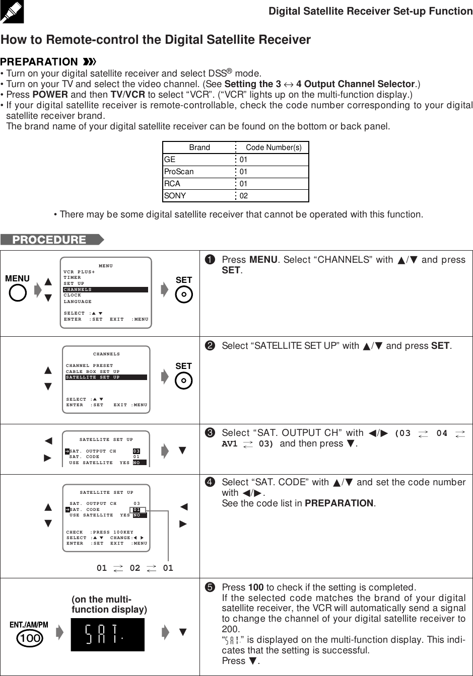 Digital Satellite Receiver Set-up FunctionHow to Remote-control the Digital Satellite Receiver•Turn on your digital satellite receiver and select DSS® mode.•Turn on your TV and select the video channel. (See Setting the 3 ↔ 4 Output Channel Selector.)•Press POWER and then TV/VCR to select “VCR”. (“VCR” lights up on the multi-function display.)•If your digital satellite receiver is remote-controllable, check the code number corresponding to your digitalsatellite receiver brand.The brand name of your digital satellite receiver can be found on the bottom or back panel.!Press MENU. Select “CHANNELS” with ∂/ƒ and pressSET.@Select “SATELLITE SET UP” with ∂/ƒ and press SET.#Select “SAT. OUTPUT CH” with ß/© (03   04 AV1   03) and then press ƒ.$Select “SAT. CODE” with ∂/ƒ and set the code numberwith ß/©.See the code list in PREPARATION.%Press 100 to check if the setting is completed.If the selected code matches the brand of your digitalsatellite receiver, the VCR will automatically send a signalto change the channel of your digital satellite receiver to200.“” is displayed on the multi-function display. This indi-cates that the setting is successful.Press ƒ.gSET UP          MENUENTER  :SET  EXIT  :MENUCHANNELSSELECT :CLOCKLANGUAGETIMERVCR PLUS+g∂ƒSELECT :     CHANGE: SAT. OUTPUT CH     03    SATELLITE SET UPENTER  :SET  EXIT  :MENU USE SATELLITE  YES NO SAT. CODE          01CHECK  :PRESS 100KEYß©∂ƒBrandGEProScanRCASONYCode Number(s)01010102•There may be some digital satellite receiver that cannot be operated with this function.(on the multi-function display)ƒggß©ƒggSELECT :CHANNEL PRESET        CHANNELSENTER  :SET   EXIT :MENUCABLE BOX SET UPSATELLITE SET UP∂ƒ01   02   01MENU SETSET SAT. OUTPUT CH     03    SATELLITE SET UP USE SATELLITE  YES NO SAT. CODE          01