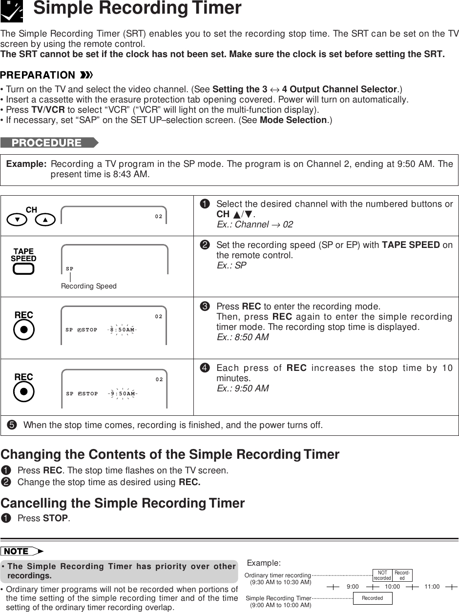 The Simple Recording Timer (SRT) enables you to set the recording stop time. The SRT can be set on the TVscreen by using the remote control.The SRT cannot be set if the clock has not been set. Make sure the clock is set before setting the SRT.•Turn on the TV and select the video channel. (See Setting the 3 ↔ 4 Output Channel Selector.)•Insert a cassette with the erasure protection tab opening covered. Power will turn on automatically.•Press TV/VCR to select “VCR” (“VCR” will light on the multi-function display).•If necessary, set “SAP” on the SET UP–selection screen. (See Mode Selection.)SIMPLE RECORDING TIMERSimple Recording TimerExample: Recording a TV program in the SP mode. The program is on Channel 2, ending at 9:50 AM. Thepresent time is 8:43 AM.!Select the desired channel with the numbered buttons orCH ∂/ƒ.Ex.: Channel → 02@Set the recording speed (SP or EP) with TAPE SPEED onthe remote control.Ex.: SP#Press REC to enter the recording mode.Then, press REC again to enter the simple recordingtimer mode. The recording stop time is displayed.Ex.: 8:50 AM$Each press of REC increases the stop time by 10minutes.Ex.: 9:50 AM%When the stop time comes, recording is finished, and the power turns off.                      02Recording SpeedSPSP  STOP   8:50AM                      02                      02SP  STOP   9:50AM•The Simple Recording Timer has priority over otherrecordings.•Ordinary timer programs will not be recorded when portions ofthe time setting of the simple recording timer and of the timesetting of the ordinary timer recording overlap.Changing the Contents of the Simple Recording Timer!Press REC. The stop time flashes on the TV screen.@Change the stop time as desired using REC.Cancelling the Simple Recording Timer!Press STOP.Example:9:00 10:00Ordinary timer recording(9:30 AM to 10:30 AM)Simple Recording Timer(9:00 AM to 10:00 AM)NOTrecorded Record-edRecorded11:00