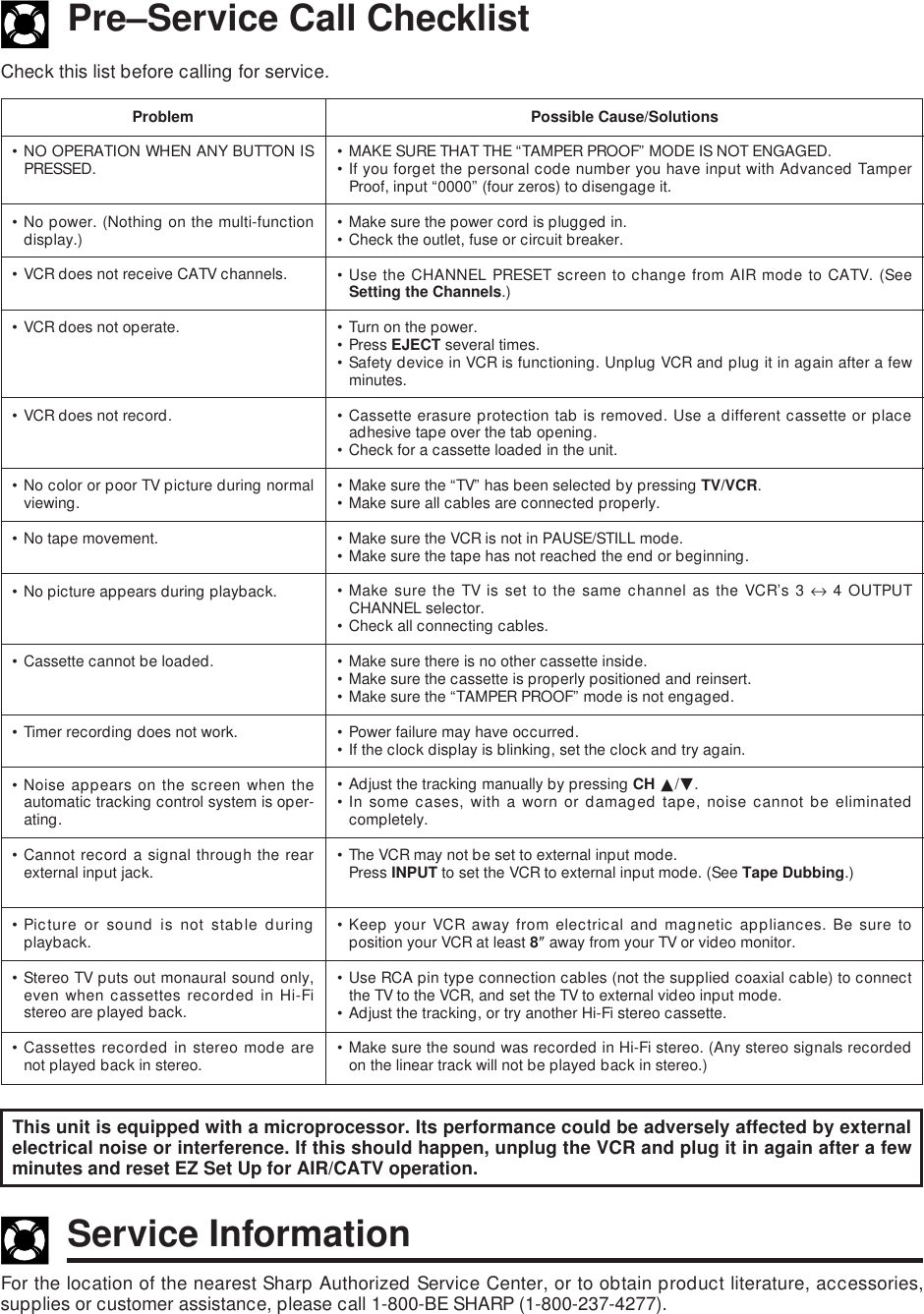 Check this list before calling for service.Possible Cause/Solutions• MAKE SURE THAT THE “TAMPER PROOF” MODE IS NOT ENGAGED.• If you forget the personal code number you have input with Advanced TamperProof, input “0000” (four zeros) to disengage it.• Make sure the power cord is plugged in.• Check the outlet, fuse or circuit breaker.• Use the CHANNEL PRESET screen to change from AIR mode to CATV. (SeeSetting the Channels.)• Turn on the power.• Press EJECT several times.• Safety device in VCR is functioning. Unplug VCR and plug it in again after a fewminutes.• Cassette erasure protection tab is removed. Use a different cassette or placeadhesive tape over the tab opening.• Check for a cassette loaded in the unit.• Make sure the “TV” has been selected by pressing TV/VCR.• Make sure all cables are connected properly.• Make sure the VCR is not in PAUSE/STILL mode.• Make sure the tape has not reached the end or beginning.• Make sure the TV is set to the same channel as the VCR’s 3 ↔ 4 OUTPUTCHANNEL selector.• Check all connecting cables.• Make sure there is no other cassette inside.• Make sure the cassette is properly positioned and reinsert.• Make sure the “TAMPER PROOF” mode is not engaged.• Power failure may have occurred.• If the clock display is blinking, set the clock and try again.• Adjust the tracking manually by pressing CH ∂/ƒ.• In some cases, with a worn or damaged tape, noise cannot be eliminatedcompletely.• The VCR may not be set to external input mode.Press INPUT to set the VCR to external input mode. (See Tape Dubbing.)• Keep your VCR away from electrical and magnetic appliances. Be sure toposition your VCR at least 89 away from your TV or video monitor.• Use RCA pin type connection cables (not the supplied coaxial cable) to connectthe TV to the VCR, and set the TV to external video input mode.• Adjust the tracking, or try another Hi-Fi stereo cassette.• Make sure the sound was recorded in Hi-Fi stereo. (Any stereo signals recordedon the linear track will not be played back in stereo.)Pre–Service Call ChecklistProblem• NO OPERATION WHEN ANY BUTTON ISPRESSED.• No power. (Nothing on the multi-functiondisplay.)• VCR does not receive CATV channels.• VCR does not operate.• VCR does not record.• No color or poor TV picture during normalviewing.• No tape movement.• No picture appears during playback.• Cassette cannot be loaded.• Timer recording does not work.• Noise appears on the screen when theautomatic tracking control system is oper-ating.• Cannot record a signal through the rearexternal input jack.•Picture or sound is not stable duringplayback.• Stereo TV puts out monaural sound only,even when cassettes recorded in Hi-Fistereo are played back.• Cassettes recorded in stereo mode arenot played back in stereo.For the location of the nearest Sharp Authorized Service Center, or to obtain product literature, accessories,supplies or customer assistance, please call 1-800-BE SHARP (1-800-237-4277).Service InformationThis unit is equipped with a microprocessor. Its performance could be adversely affected by externalelectrical noise or interference. If this should happen, unplug the VCR and plug it in again after a fewminutes and reset EZ Set Up for AIR/CATV operation.