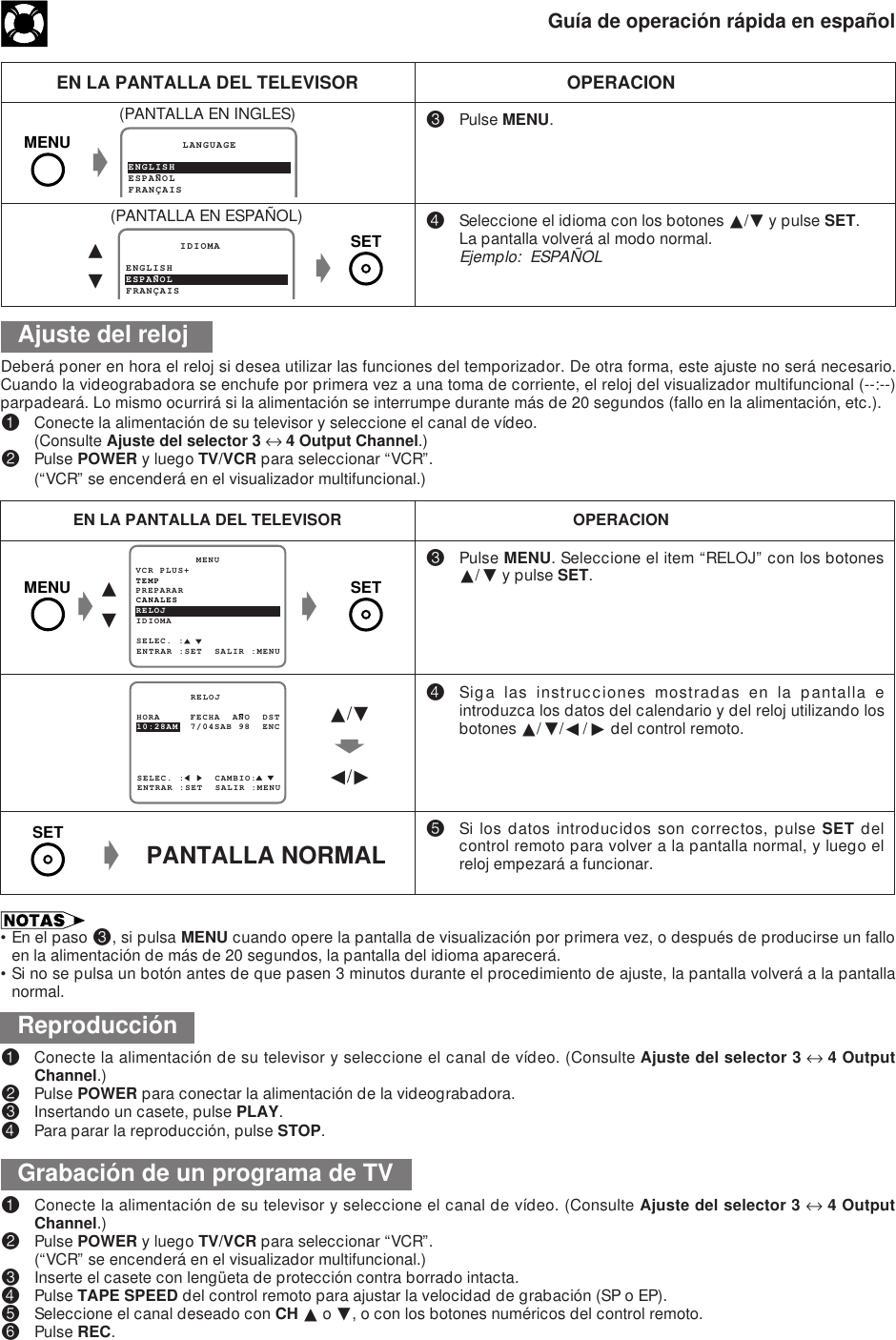 Guía de operación rápida en españolAjuste del reloj#Pulse MENU.$Seleccione el idioma con los botones ∂/ƒ y pulse SET.La pantalla volverá al modo normal.Ejemplo:  ESPAÑOLEN LA PANTALLA DEL TELEVISOR OPERACION(PANTALLA EN INGLES)ESPANOL        LANGUAGEFRANÇAISENGLISHESPANOL        IDIOMAFRANÇAISENGLISH∂ƒg(PANTALLA EN ESPAÑOL)Deberá poner en hora el reloj si desea utilizar las funciones del temporizador. De otra forma, este ajuste no será necesario.Cuando la videograbadora se enchufe por primera vez a una toma de corriente, el reloj del visualizador multifuncional (--:--)parpadeará. Lo mismo ocurrirá si la alimentación se interrumpe durante más de 20 segundos (fallo en la alimentación, etc.).!Conecte la alimentación de su televisor y seleccione el canal de vídeo.(Consulte Ajuste del selector 3 ↔ 4 Output Channel.)@Pulse POWER y luego TV/VCR para seleccionar “VCR”.(“VCR” se encenderá en el visualizador multifuncional.)#Pulse MENU. Seleccione el item “RELOJ” con los botones∂/ƒ y pulse SET.$Siga las instrucciones mostradas en la pantalla eintroduzca los datos del calendario y del reloj utilizando losbotones ∂/ƒ/ß/© del control remoto.%Si los datos introducidos son correctos, pulse SET delcontrol remoto para volver a la pantalla normal, y luego elreloj empezará a funcionar.EN LA PANTALLA DEL TELEVISOR OPERACIONPREPARAR          MENUENTRAR :SET  SALIR :MENUCANALESSELEC. :RELOJIDIOMATEMPVCR PLUS+g∂ƒgSELEC. :     CAMBIO:10:28AM  7/04SAB 98  ENC         RELOJENTRAR :SET  SALIR :MENUHORA     FECHA  ANO  DST∂/ƒfß/© g    PANTALLA NORMALReproducción!Conecte la alimentación de su televisor y seleccione el canal de vídeo. (Consulte Ajuste del selector 3 ↔ 4 OutputChannel.)@Pulse POWER para conectar la alimentación de la videograbadora.#Insertando un casete, pulse PLAY.$Para parar la reproducción, pulse STOP.Grabación de un programa de TV!Conecte la alimentación de su televisor y seleccione el canal de vídeo. (Consulte Ajuste del selector 3 ↔ 4 OutputChannel.)@Pulse POWER y luego TV/VCR para seleccionar “VCR”.(“VCR” se encenderá en el visualizador multifuncional.)#Inserte el casete con lengüeta de protección contra borrado intacta.$Pulse TAPE SPEED del control remoto para ajustar la velocidad de grabación (SP o EP).%Seleccione el canal deseado con CH ∂ o ƒ, o con los botones numéricos del control remoto.^Pulse REC.•En el paso #, si pulsa MENU cuando opere la pantalla de visualización por primera vez, o después de producirse un falloen la alimentación de más de 20 segundos, la pantalla del idioma aparecerá.•Si no se pulsa un botón antes de que pasen 3 minutos durante el procedimiento de ajuste, la pantalla volverá a la pantallanormal.MENUgSETSETMENUSET