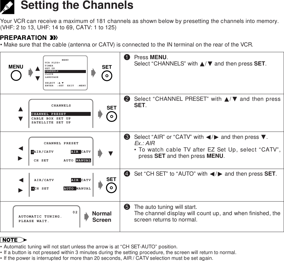 Your VCR can receive a maximum of 181 channels as shown below by presetting the channels into memory.(VHF: 2 to 13, UHF: 14 to 69, CATV: 1 to 125)•Make sure that the cable (antenna or CATV) is connected to the IN terminal on the rear of the VCR.Setting the ChannelsSET UP          MENUENTER  :SET  EXIT  :MENUCHANNELSSELECT :CLOCKLANGUAGETIMERVCR PLUS+g∂ƒg!Press MENU.Select “CHANNELS” with ∂/ƒ and then press SET.@Select “CHANNEL PRESET” with ∂/ƒ and then pressSET.#Select “AIR” or “CATV” with ß/© and then press ƒ.Ex.: AIR• To watch cable TV after EZ Set Up, select “CATV”,press SET and then press MENU.$Set “CH SET” to “AUTO” with ß/© and then press SET.%The auto tuning will start.The channel display will count up, and when finished, thescreen returns to normal. AIR/CATV       AIR CATV     CHANNEL PRESETCHANNEL PRESET CH SET      AUTO MANUALß©gƒCHANNEL PRESET        CHANNELSCABLE BOX SET UPSATELLITE SET UPg∂ƒg AIR/CATV       AIR CATVCS CH SET      AUTO MANUALß©gNormalScreen AUTOMATIC TUNING.                      02 PLEASE WAIT.•Automatic tuning will not start unless the arrow is at “CH SET-AUTO” position.•If a button is not pressed within 3 minutes during the setting procedure, the screen will return to normal.•If the power is interrupted for more than 20 seconds, AIR / CATV selection must be set again.MENUSETSETSET