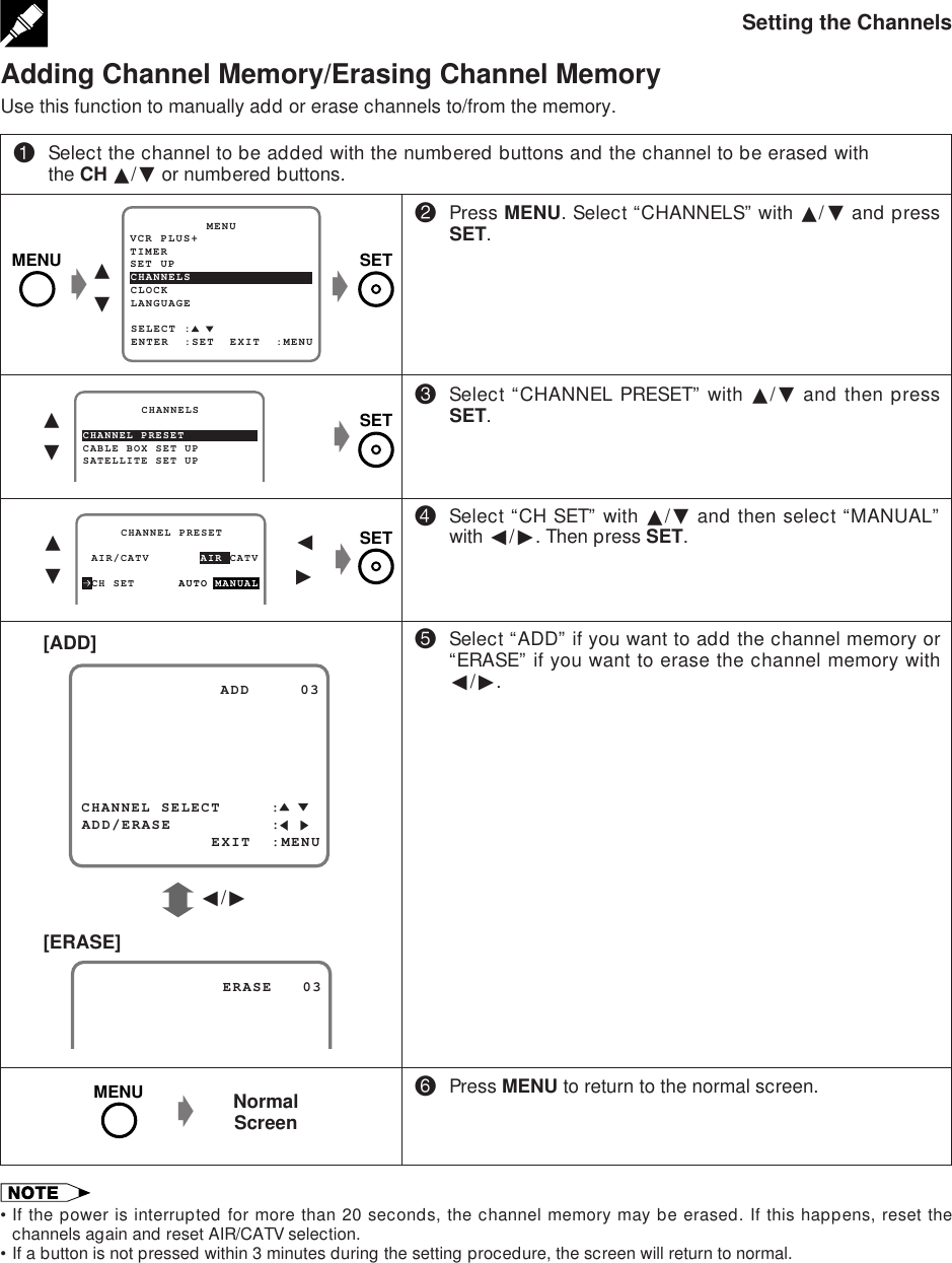  ß /©Adding Channel Memory/Erasing Channel MemoryUse this function to manually add or erase channels to/from the memory.Setting the ChannelsSET UP          MENUENTER  :SET  EXIT  :MENUCHANNELSSELECT :CLOCKLANGUAGETIMERVCR PLUS+g∂ƒgMENU SET!Select the channel to be added with the numbered buttons and the channel to be erased withthe CH ∂/ƒ or numbered buttons.@Press MENU. Select “CHANNELS” with ∂/ƒ and pressSET.#Select “CHANNEL PRESET” with ∂/ƒ and then pressSET.$Select “CH SET” with ∂/ƒ and then select “MANUAL”with ß/©. Then press SET.%Select “ADD” if you want to add the channel memory or“ERASE” if you want to erase the channel memory withß/©.^Press MENU to return to the normal screen.CHANNEL PRESET        CHANNELSCABLE BOX SET UPSATELLITE SET UP AIR/CATV       AIR CATV     CHANNEL PRESET CH SET      AUTO MANUAL∂ƒg∂ƒß©gCHANNEL SELECT     :              ADD     03ADD/ERASE          :             EXIT  :MENU[ADD][ERASE]              ERASE   03NormalScreeng•If the power is interrupted for more than 20 seconds, the channel memory may be erased. If this happens, reset thechannels again and reset AIR/CATV selection.•If a button is not pressed within 3 minutes during the setting procedure, the screen will return to normal.MENUSETSET