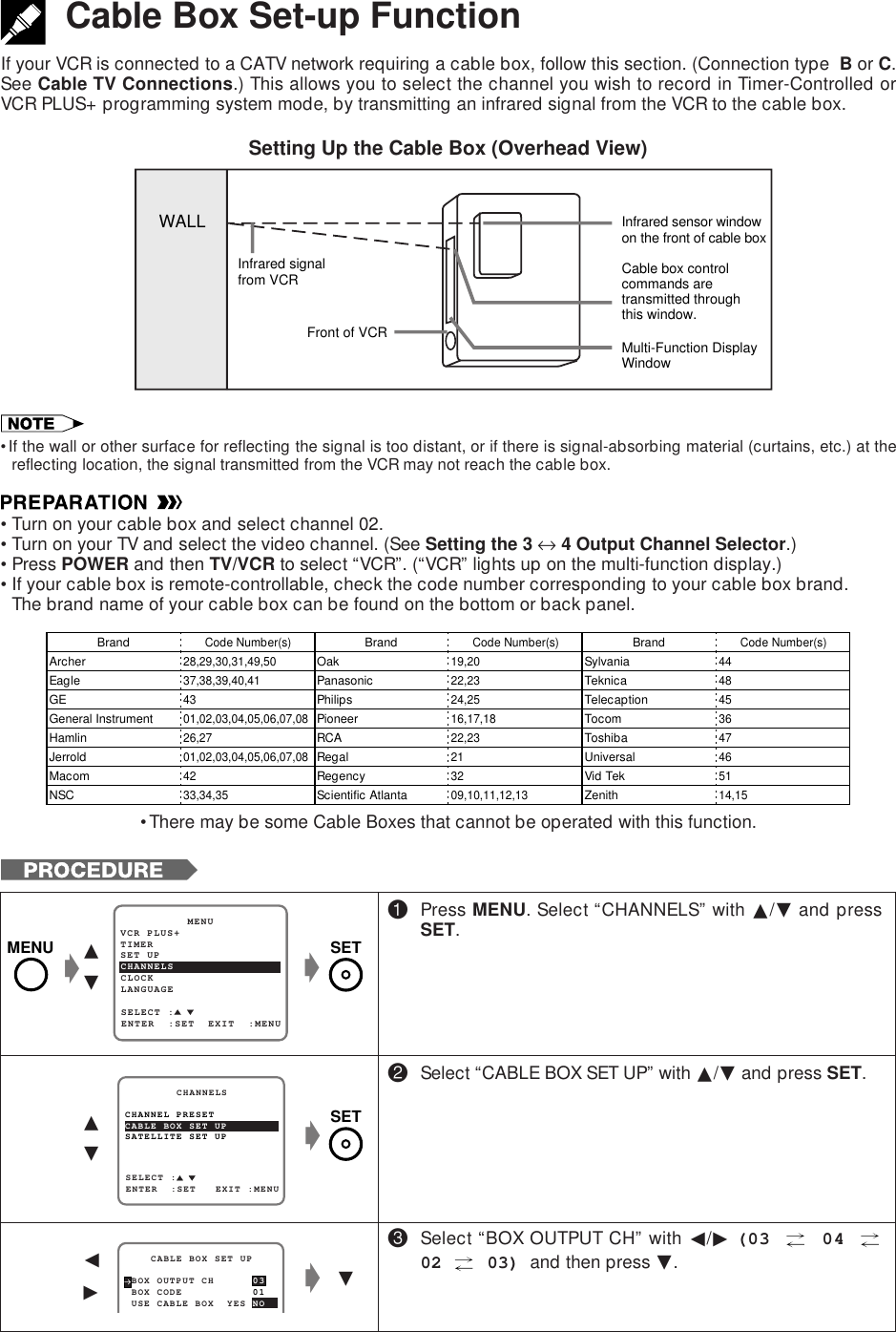 If your VCR is connected to a CATV network requiring a cable box, follow this section. (Connection type  B or C.See Cable TV Connections.) This allows you to select the channel you wish to record in Timer-Controlled orVCR PLUS+ programming system mode, by transmitting an infrared signal from the VCR to the cable box.Cable Box Set-up Function!Press MENU. Select “CHANNELS” with ∂/ƒ and pressSET.@Select “CABLE BOX SET UP” with ∂/ƒ and press SET.#Select “BOX OUTPUT CH” with ß/© (03   04 02   03) and then press ƒ.gSET UP          MENUENTER  :SET  EXIT  :MENUCHANNELSSELECT :CLOCKLANGUAGETIMERVCR PLUS+gSELECT :CHANNEL PRESET        CHANNELSENTER  :SET   EXIT :MENUCABLE BOX SET UPSATELLITE SET UP∂ƒ BOX OUTPUT CH      03    CABLE BOX SET UP USE CABLE BOX  YES NO BOX CODE           01•There may be some Cable Boxes that cannot be operated with this function.g∂ƒƒg•Turn on your cable box and select channel 02.•Turn on your TV and select the video channel. (See Setting the 3 ↔ 4 Output Channel Selector.)•Press POWER and then TV/VCR to select “VCR”. (“VCR” lights up on the multi-function display.)•If your cable box is remote-controllable, check the code number corresponding to your cable box brand.The brand name of your cable box can be found on the bottom or back panel.•If the wall or other surface for reflecting the signal is too distant, or if there is signal-absorbing material (curtains, etc.) at thereflecting location, the signal transmitted from the VCR may not reach the cable box.BrandArcherEagleGEGeneral InstrumentHamlinJerroldMacomNSCCode Number(s)28,29,30,31,49,5037,38,39,40,414301,02,03,04,05,06,07,0826,2701,02,03,04,05,06,07,084233,34,35BrandOak PanasonicPhilipsPioneerRCARegalRegencyScientific AtlantaCode Number(s)19,2022,2324,2516,17,1822,23213209,10,11,12,13BrandSylvaniaTeknicaTelecaptionTocomToshibaUniversalVid TekZenithCode Number(s)4448453647465114,15ß©Setting Up the Cable Box (Overhead View)SETSETMENUInfrared sensor windowon the front of cable boxCable box controlcommands aretransmitted throughthis window.Multi-Function DisplayWindowInfrared signalfrom VCRFront of VCRWALL