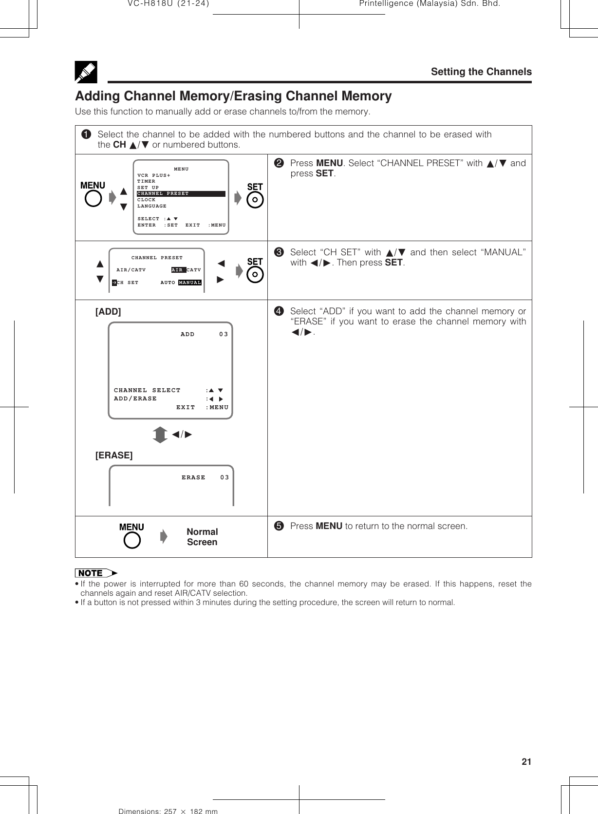 21Dimensions: 257 ן 182 mmPrintelligence (Malaysia) Sdn. Bhd.VC-H818U (21-24) ß /©Adding Channel Memory/Erasing Channel MemoryUse this function to manually add or erase channels to/from the memory.Setting the ChannelsSET UP          MENUENTER  :SET  EXIT  :MENUCHANNEL PRESETSELECT :CLOCKLANGUAGETIMERVCR PLUS+Ł∂ƒŁ!Select the channel to be added with the numbered buttons and the channel to be erased withthe CH ∂/ƒ or numbered buttons.@Press MENU. Select “CHANNEL PRESET” with ∂/ƒ andpress SET.#Select “CH SET” with ∂/ƒ and then select “MANUAL”with ß/©. Then press SET.$Select “ADD” if you want to add the channel memory or“ERASE” if you want to erase the channel memory withß/©.%Press MENU to return to the normal screen. AIR/CATV       AIR CATV     CHANNEL PRESET CH SET      AUTO MANUAL∂ƒß©ŁCHANNEL SELECT     :              ADD     03ADD/ERASE          :             EXIT  :MENU[ADD][ERASE]              ERASE   03NormalScreenŁ• If the power is interrupted for more than 60 seconds, the channel memory may be erased. If this happens, reset thechannels again and reset AIR/CATV selection.• If a button is not pressed within 3 minutes during the setting procedure, the screen will return to normal.