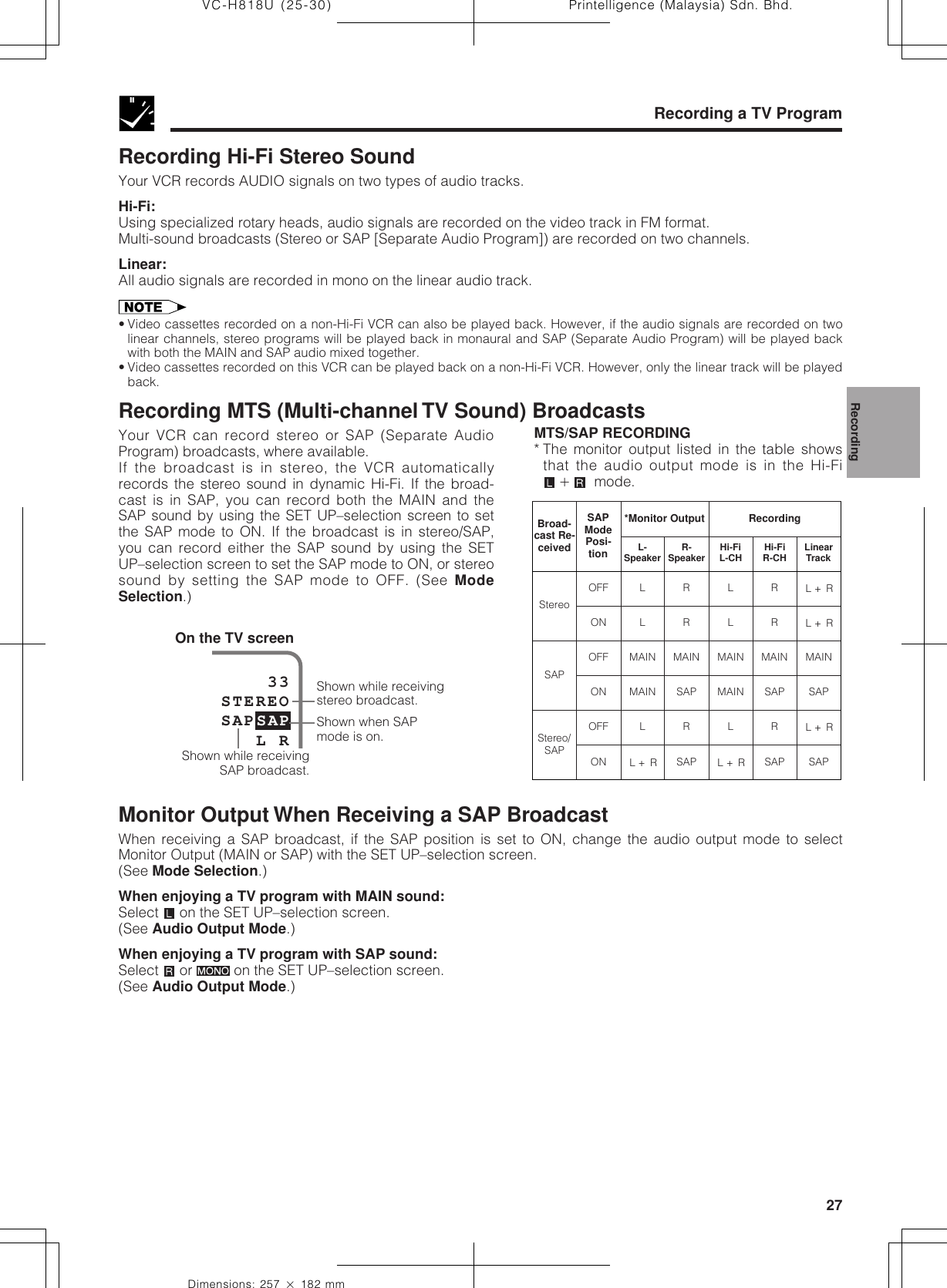 27Dimensions: 257 ן 182 mmPrintelligence (Malaysia) Sdn. Bhd.VC-H818U (25-30)Recording a TV ProgramRecording Hi-Fi Stereo SoundYour VCR records AUDIO signals on two types of audio tracks.Hi-Fi:Using specialized rotary heads, audio signals are recorded on the video track in FM format.Multi-sound broadcasts (Stereo or SAP [Separate Audio Program]) are recorded on two channels.Linear:All audio signals are recorded in mono on the linear audio track.• Video cassettes recorded on a non-Hi-Fi VCR can also be played back. However, if the audio signals are recorded on twolinear channels, stereo programs will be played back in monaural and SAP (Separate Audio Program) will be played backwith both the MAIN and SAP audio mixed together.• Video cassettes recorded on this VCR can be played back on a non-Hi-Fi VCR. However, only the linear track will be playedback.Recording MTS (Multi-channel TV Sound) BroadcastsYour VCR can record stereo or SAP (Separate AudioProgram) broadcasts, where available.If the broadcast is in stereo, the VCR automaticallyrecords the stereo sound in dynamic Hi-Fi. If the broad-cast is in SAP, you can record both the MAIN and theSAP sound by using the SET UP–selection screen to setthe SAP mode to ON. If the broadcast is in stereo/SAP,you can record either the SAP sound by using the SETUP–selection screen to set the SAP mode to ON, or stereosound by setting the SAP mode to OFF. (See ModeSelection.)MTS/SAP RECORDING* The monitor output listed in the table showsthat the audio output mode is in the Hi-Fiם  mode.*Monitor Output RecordingBroad-cast Re-ceivedSAPMode Posi-tion L-Speaker R-Speaker Hi-FiL-CH Hi-FiR-CH LinearTrackStereoSAPStereo/SAPOFFOFFOFFONONONLRLRMAINMAINMAINSAPLRL +  R SAPLLMAINMAINLL +  RRRMAINSAPRSAPMAINSAPL +  RSAPL +  RL +  ROn the TV screen    33STEREOSAPSAP   L RShown while receivingSAP broadcast.Shown while receivingstereo broadcast.Shown when SAPmode is on.Monitor Output When Receiving a SAP BroadcastWhen receiving a SAP broadcast, if the SAP position is set to ON, change the audio output mode to selectMonitor Output (MAIN or SAP) with the SET UP–selection screen.(See Mode Selection.)When enjoying a TV program with MAIN sound:Select   on the SET UP–selection screen.(See Audio Output Mode.)When enjoying a TV program with SAP sound:Select   or   on the SET UP–selection screen.(See Audio Output Mode.)Recording