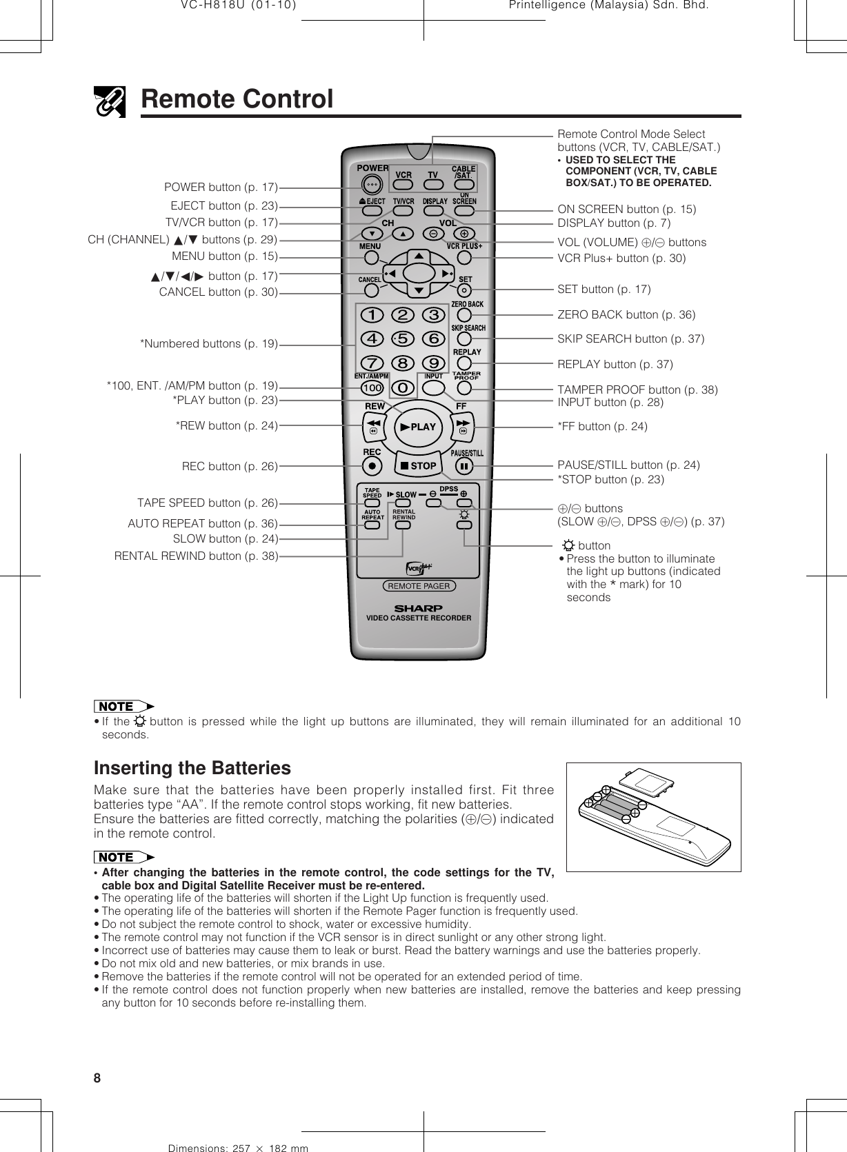 Printelligence (Malaysia) Sdn. Bhd.8VC-H818U (01-10)Dimensions: 257 ן 182 mmVIDEO CASSETTE RECORDERRemote ControlMENU button (p. 15)Remote Control Mode Selectbuttons (VCR, TV, CABLE/SAT.)• USED TO SELECT THECOMPONENT (VCR, TV, CABLEBOX/SAT.) TO BE OPERATED.DISPLAY button (p. 7)ON SCREEN button (p. 15)SET button (p. 17)VOL (VOLUME) j/k buttonsVCR Plus+ button (p. 30)ZERO BACK button (p. 36)SKIP SEARCH button (p. 37)REPLAY button (p. 37)PAUSE/STILL button (p. 24)TAMPER PROOF button (p. 38)*STOP button (p. 23)*FF button (p. 24)POWER button (p. 17)EJECT button (p. 23)TV/VCR button (p. 17)CH (CHANNEL) ∂/ƒ buttons (p. 29)∂/ƒ/ß/© button (p. 17)*REW button (p. 24)REC button (p. 26)TAPE SPEED button (p. 26)*Numbered buttons (p. 19)*PLAY button (p. 23)j/k buttons(SLOW j/k, DPSS j/k) (p. 37)*100, ENT. /AM/PM button (p. 19)AUTO REPEAT button (p. 36)CANCEL button (p. 30)INPUT button (p. 28)SLOW button (p. 24)Inserting the BatteriesMake sure that the batteries have been properly installed first. Fit threebatteries type “AA”. If the remote control stops working, fit new batteries.Ensure the batteries are fitted correctly, matching the polarities (j/k) indicatedin the remote control.• After changing the batteries in the remote control, the code settings for the TV,cable box and Digital Satellite Receiver must be re-entered.• The operating life of the batteries will shorten if the Light Up function is frequently used.• The operating life of the batteries will shorten if the Remote Pager function is frequently used.• Do not subject the remote control to shock, water or excessive humidity.• The remote control may not function if the VCR sensor is in direct sunlight or any other strong light.• Incorrect use of batteries may cause them to leak or burst. Read the battery warnings and use the batteries properly.• Do not mix old and new batteries, or mix brands in use.• Remove the batteries if the remote control will not be operated for an extended period of time.• If the remote control does not function properly when new batteries are installed, remove the batteries and keep pressingany button for 10 seconds before re-installing them.RENTAL REWIND button (p. 38) button• Press the button to illuminatethe light up buttons (indicatedwith the * mark) for 10seconds• If the button is pressed while the light up buttons are illuminated, they will remain illuminated for an additional 10seconds.