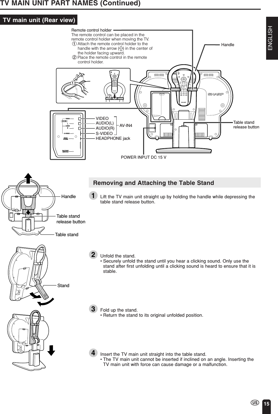 ENGLISH15TV MAIN UNIT PART NAMES (Continued)TV main unit (Rear view)AUDIOAV- IN4VIDEOS-VIDEOHEADPHONEFACTORYSERVICELRCHCHENTERPOWERDISPLAYSLEEP PIC. FLIPMUTEVOLBRIGHT TV/VIDEO MENUFLASHBACKMTSPOWER INPUT DC 15 VHEADPHONE jackS-VIDEOVIDEOAV-IN4AUDIO(R)AUDIO(L)Remote control holderThe remote control can be placed in the remote control holder when moving the TV.   1Attach the remote control holder to the handle with the arrow (   ) in the center of the holder facing upward.    2Place the remote control in the remote control holder.Table stand release buttonHandle12CHCHENTERPOWERDISPLAYSLEEP PIC. FLIPMUTEVOLBRIGHT TV/VIDEO MENUFLASHBACKMTSRemoving and Attaching the Table Stand1Lift the TV main unit straight up by holding the handle while depressing thetable stand release button.2Unfold the stand.•Securely unfold the stand until you hear a clicking sound. Only use thestand after first unfolding until a clicking sound is heard to ensure that it isstable.3Fold up the stand.•Return the stand to its original unfolded position.4Insert the TV main unit straight into the table stand.•The TV main unit cannot be inserted if inclined on an angle. Inserting theTV main unit with force can cause damage or a malfunction.StandHandleTable stand release buttonTable stand
