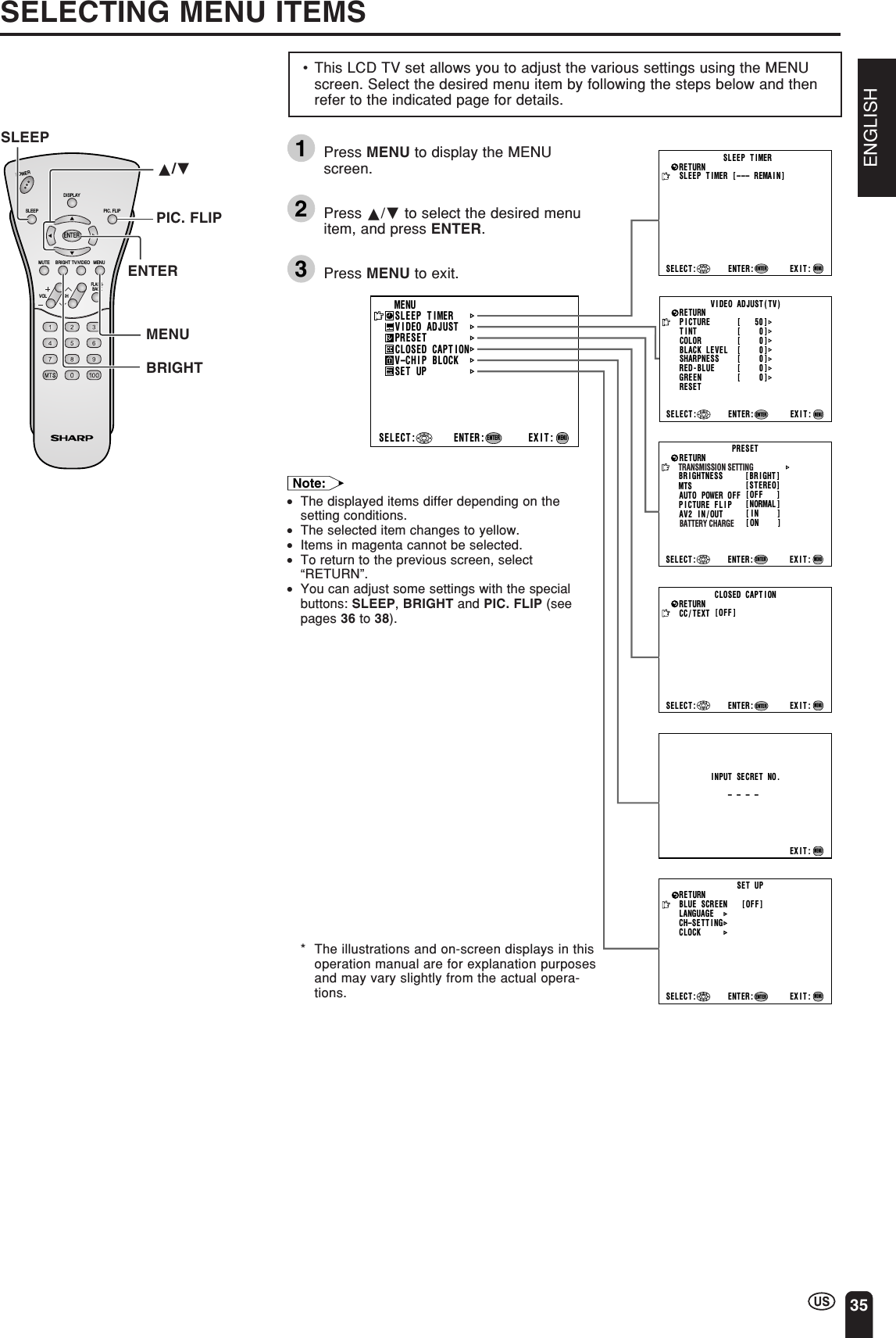 ENGLISH35•This LCD TV set allows you to adjust the various settings using the MENUscreen. Select the desired menu item by following the steps below and thenrefer to the indicated page for details.1Press MENU to display the MENUscreen.2Press a/b to select the desired menuitem, and press ENTER.3Press MENU to exit.SELECTING MENU ITEMSNote:•The displayed items differ depending on thesetting conditions.•The selected item changes to yellow.•Items in magenta cannot be selected.•To return to the previous screen, select“RETURN”.•You can adjust some settings with the specialbuttons: SLEEP, BRIGHT and PIC. FLIP (seepages 36 to 38).* The illustrations and on-screen displays in thisoperation manual are for explanation purposesand may vary slightly from the actual opera-tions.ENTERBRIGHTMENUSLEEP T IMERV IDEO ADJUSTPRESETCLOSED CAPT IONV–CHIP BLOCKSET UPSELECT : ENTER: EXIT:ENTERMENUBRIGHTNESS [ BR IGHT ]MTSAUTO POWER OFFRETURN[STEREO][OFF   ]PICTURE   FLIPAV2 IN/OUT [NORMAL ][IN    ][ ON    ]PRESETTRANSMISSION SETTINGPICTURE [   50]TINTCOLORBLACK LEVELSHARPNESSSELECT : ENTER: EXIT:V I DEO ADJUST ( TV )RETURN[    0][    0][    0][    0]RED-BLUE [    0]GREEN [    0]RESETENTERMENUSLEEP T IMERSELECT : ENTER: EX I T :ENTERRETURNSLEEP T IMER [––– REMAIN]ENTERENTER:CC/ TEXT   [OFF]SELECT : EXIT:RETURN CLOSED CAPT IONINPUT SECRET NO.– – – –EXIT:MENUMENUMENUSELECT : ENTER: EXIT:ENTERMENUBLUE SCREEN [OFF]LANGUAGESELECT : EX I T :ENTERRETURN SET UPCH–SETT INGENTER:MENUCLOCKBATTERY CHARGECHVOLPOWERENTERDISPLAYMUTESLEEP PIC. FLIPBRIGHT TV/VIDEO MENUFLASH-BACKMENUPIC. FLIPSLEEPa/b