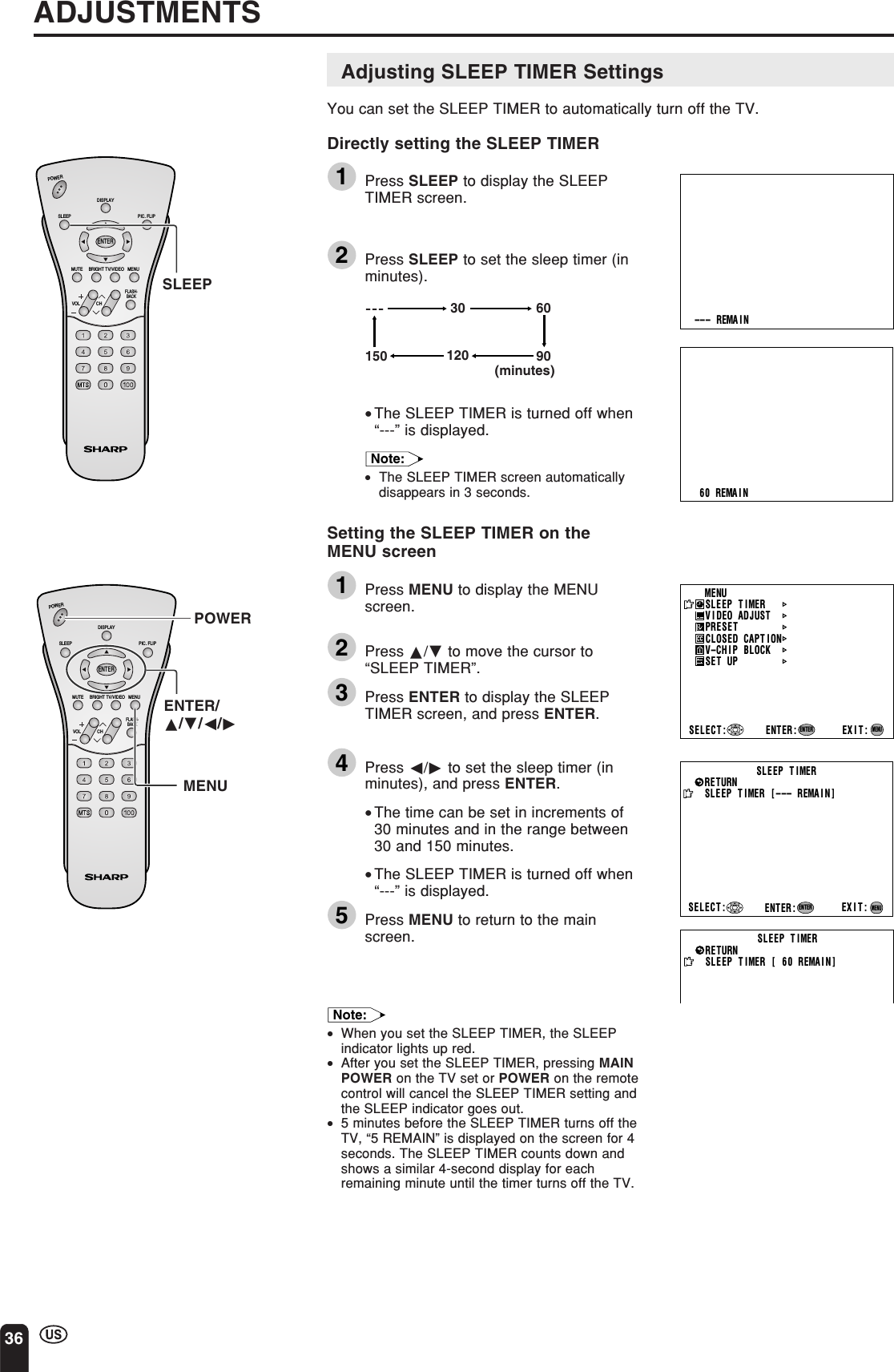 36ADJUSTMENTSAdjusting SLEEP TIMER SettingsYou can set the SLEEP TIMER to automatically turn off the TV.Directly setting the SLEEP TIMER1Press SLEEP to display the SLEEPTIMER screen.2Press SLEEP to set the sleep timer (inminutes).---12030 6090(minutes)150•The SLEEP TIMER is turned off when“---” is displayed.Note:•The SLEEP TIMER screen automaticallydisappears in 3 seconds.Setting the SLEEP TIMER on theMENU screen1Press MENU to display the MENUscreen.2Press a/b to move the cursor to“SLEEP TIMER”.3Press ENTER to display the SLEEPTIMER screen, and press ENTER.4Press c/d to set the sleep timer (inminutes), and press ENTER.•The time can be set in increments of30 minutes and in the range between30 and 150 minutes.•The SLEEP TIMER is turned off when“---” is displayed.5Press MENU to return to the mainscreen.Note:•When you set the SLEEP TIMER, the SLEEPindicator lights up red.•After you set the SLEEP TIMER, pressing MAINPOWER on the TV set or POWER on the remotecontrol will cancel the SLEEP TIMER setting andthe SLEEP indicator goes out.•5 minutes before the SLEEP TIMER turns off theTV, “5 REMAIN” is displayed on the screen for 4seconds. The SLEEP TIMER counts down andshows a similar 4-second display for eachremaining minute until the timer turns off the TV.––– REMA I N60 REMAINSLEEP T IMERSELECT : EXIT:RETURNSLEEP T IMER [––– REMAIN]ENTER:ENTERMENUSLEEP T IMERRETURNSLEEP T IMER [–60 REMAIN]MENUSLEEP T IMERV IDEO ADJUSTPRESETCLOSED CAPT IONV–CHIP BLOCKSET UPSELECT : ENTER: EXIT:ENTERMENUCHVOLPOWERENTERDISPLAYMUTESLEEP PIC. FLIPBRIGHT TV/VIDEO MENUFLASH-BACKSLEEPCHVOLPOWERENTERDISPLAYMUTESLEEP PIC. FLIPBRIGHT TV/VIDEO MENUFLASH-BACKENTER/a/b/c/dMENUPOWER