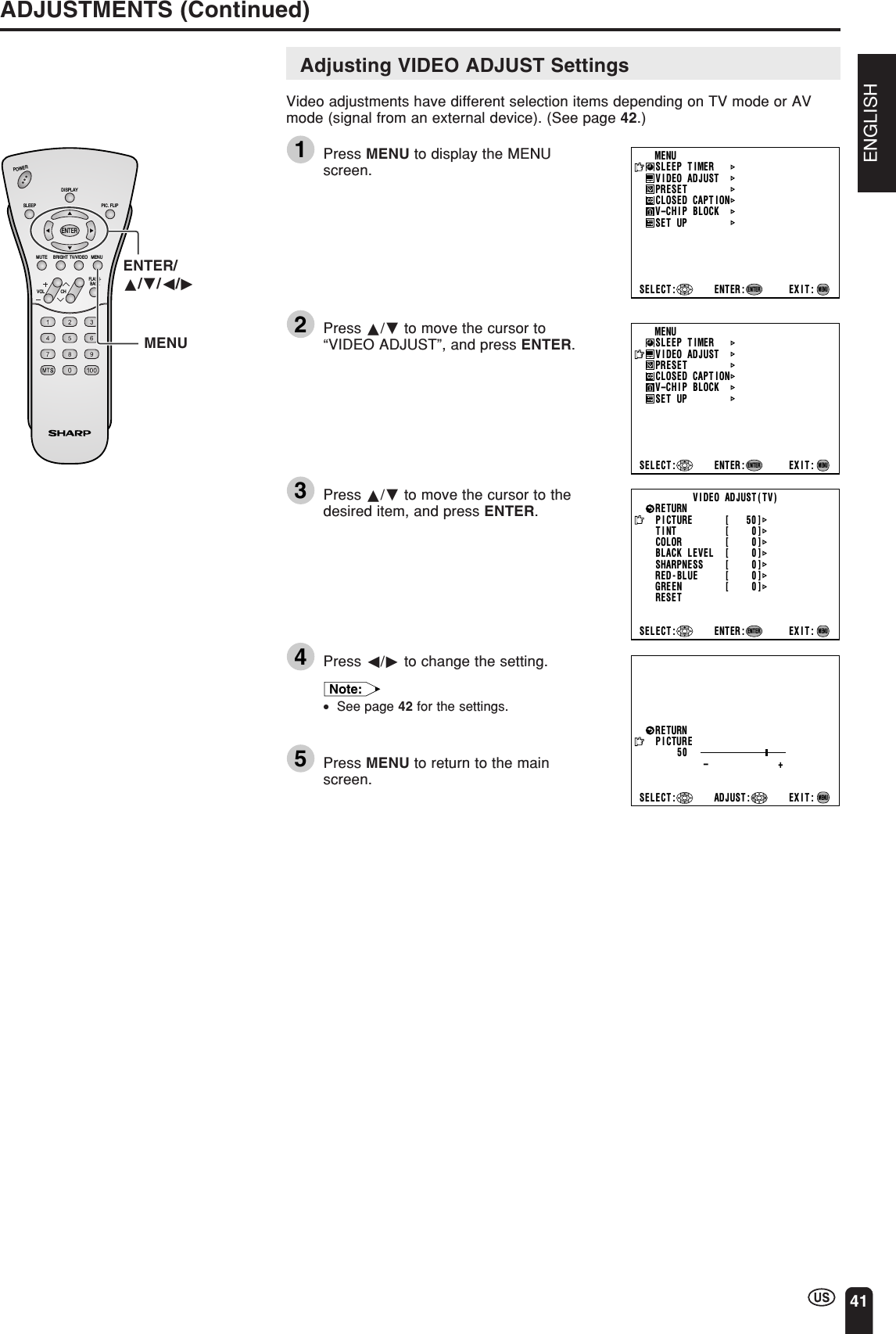 ENGLISH41ADJUSTMENTS (Continued)EXIT:RETURNP I CTURE50 –+ADJUST :SELECT :MENUPICTURE [   50]TINTCOLORBLACK LEVELSHARPNESSSELECT : ENTER: EXIT:V I DEO ADJUST ( TV)RETURN[    0][    0][    0][    0]RED-BLUE [    0]GREEN [    0]RESETENTERMENUMENUSLEEP T IMERV IDEO ADJUSTPRESETCLOSED CAPT IONV–CHIP BLOCKSET UPSELECT : ENTER: EXIT:ENTERMENUMENUSLEEP T IMERV IDEO ADJUSTPRESETCLOSED CAPT IONV–CHIP BLOCKSET UPSELECT : ENTER: EXIT:ENTERMENUCHVOLPOWERENTERDISPLAYMUTESLEEP PIC. FLIPBRIGHT TV/VIDEO MENUFLASH-BACKENTER/a/b/c/dMENUAdjusting VIDEO ADJUST SettingsVideo adjustments have different selection items depending on TV mode or AVmode (signal from an external device). (See page 42.)1Press MENU to display the MENUscreen.2Press a/b to move the cursor to“VIDEO ADJUST”, and press ENTER.3Press a/b to move the cursor to thedesired item, and press ENTER.4Press c/d to change the setting.Note:•See page 42 for the settings.5Press MENU to return to the mainscreen.