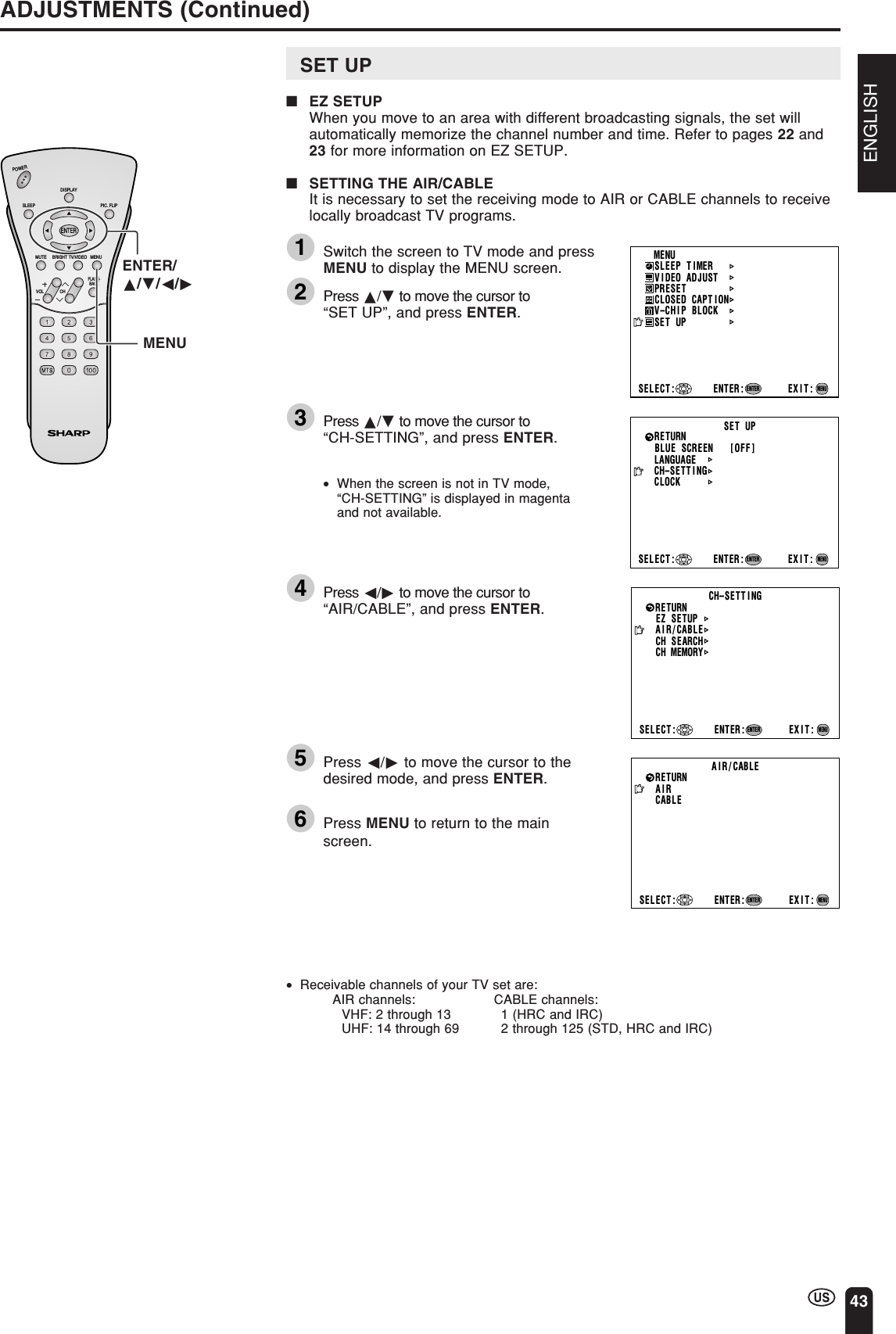 ENGLISH43ADJUSTMENTS (Continued)SET UP■EZ SETUPWhen you move to an area with different broadcasting signals, the set willautomatically memorize the channel number and time. Refer to pages 22 and23 for more information on EZ SETUP.■SETTING THE AIR/CABLEIt is necessary to set the receiving mode to AIR or CABLE channels to receivelocally broadcast TV programs.1Switch the screen to TV mode and pressMENU to display the MENU screen.2Press a/b to move the cursor to“SET UP”, and press ENTER.3Press a/b to move the cursor to“CH-SETTING”, and press ENTER.•When the screen is not in TV mode,“CH-SETTING” is displayed in magentaand not available.4Press c/d to move the cursor to“AIR/CABLE”, and press ENTER.5Press c/d to move the cursor to thedesired mode, and press ENTER.6Press MENU to return to the mainscreen.•Receivable channels of your TV set are:AIR channels: CABLE channels:VHF: 2 through 13 1 (HRC and IRC)UHF: 14 through 69 2 through 125 (STD, HRC and IRC)CHVOLPOWERENTERDISPLAYMUTESLEEP PIC. FLIPBRIGHT TV/VIDEO MENUFLASH-BACKENTER/a/b/c/dMENUCH–SETT INGAI R/CABLEEZ   SETUPCH SEARCHCH MEMORYSELECT : ENTER: EXIT:RETURNENTERMENUAIR/CABLESELECT : EXIT:AIRCABLEMENUENTER:RETURNENTERMENUSLEEP T IMERV IDEO ADJUSTPRESETCLOSED CAPT IONV–CHIP BLOCKSET UPSELECT : ENTER: EXIT:ENTERMENUBLUE SCREEN [OFF]LANGUAGESELECT : EXIT:ENTERRETURN SET UPCH–SETT I NGENTER:MENUCLOCK