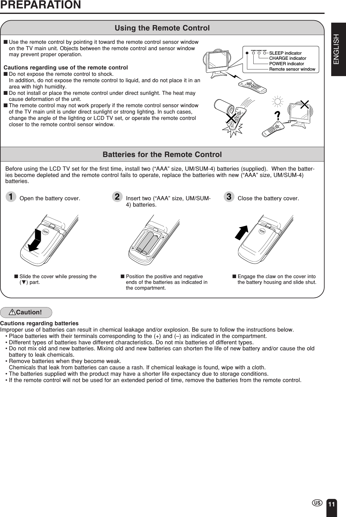 ENGLISH11PREPARATIONUsing the Remote Control■Use the remote control by pointing it toward the remote control sensor windowon the TV main unit. Objects between the remote control and sensor windowmay prevent proper operation.Cautions regarding use of the remote control■Do not expose the remote control to shock.In addition, do not expose the remote control to liquid, and do not place it in anarea with high humidity.■Do not install or place the remote control under direct sunlight. The heat maycause deformation of the unit.■The remote control may not work properly if the remote control sensor windowof the TV main unit is under direct sunlight or strong lighting. In such cases,change the angle of the lighting or LCD TV set, or operate the remote controlcloser to the remote control sensor window.Batteries for the Remote ControlBefore using the LCD TV set for the first time, install two (“AAA” size, UM/SUM-4) batteries (supplied).  When the batter-ies become depleted and the remote control fails to operate, replace the batteries with new (“AAA” size, UM/SUM-4)batteries.1Open the battery cover.■Slide the cover while pressing the(b) part.2Insert two (“AAA” size, UM/SUM-4) batteries. + – + –■Position the positive and negativeends of the batteries as indicated inthe compartment.Caution!Cautions regarding batteriesImproper use of batteries can result in chemical leakage and/or explosion. Be sure to follow the instructions below.•Place batteries with their terminals corresponding to the (+) and (–) as indicated in the compartment.•Different types of batteries have different characteristics. Do not mix batteries of different types.•Do not mix old and new batteries. Mixing old and new batteries can shorten the life of new battery and/or cause the oldbattery to leak chemicals.•Remove batteries when they become weak.Chemicals that leak from batteries can cause a rash. If chemical leakage is found, wipe with a cloth.•The batteries supplied with the product may have a shorter life expectancy due to storage conditions.•If the remote control will not be used for an extended period of time, remove the batteries from the remote control.SLEEP indicatorCHARGE indicatorPOWER indicatorRemote sensor windowCHARGE SLEEPPOWER3Close the battery cover.■Engage the claw on the cover intothe battery housing and slide shut.