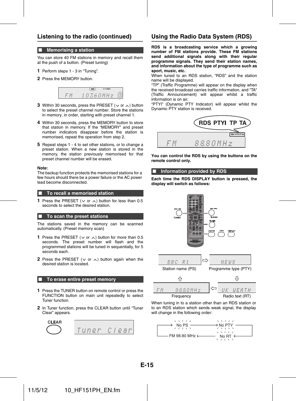 Sharp Xl Hf151ph Hf151phbk Operation Manual Gb User To - 