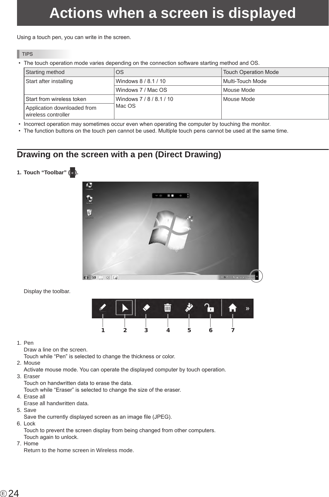 24Actions when a screen is displayedEUsing a touch pen, you can write in the screen.TIPS•  The touch operation mode varies depending on the connection software starting method and OS.Starting method OS Touch Operation ModeStart after installing Windows 8 / 8.1 / 10 Multi-Touch ModeWindows 7 / Mac OS Mouse ModeStart from wireless token Windows 7 / 8 / 8.1 / 10Mac OSMouse ModeApplication downloaded from wireless controller•  Incorrect operation may sometimes occur even when operating the computer by touching the monitor.•  The function buttons on the touch pen cannot be used. Multiple touch pens cannot be used at the same time.Drawing on the screen with a pen (Direct Drawing)1. Touch “Toolbar” ( ).Display the toolbar.12345671. Pen Draw a line on the screen.  Touch while “Pen” is selected to change the thickness or color.2. Mouse Activate mouse mode. You can operate the displayed computer by touch operation.3. Eraser Touch on handwritten data to erase the data.  Touch while “Eraser” is selected to change the size of the eraser.4. Erase all Erase all handwritten data.5. Save Save the currently displayed screen as an image le (JPEG).6.  Lock Touch to prevent the screen display from being changed from other computers.  Touch again to unlock.7.  Home Return to the home screen in Wireless mode.