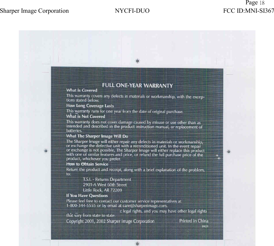                Page 18 Sharper Image Corporation NYCFI-DUO FCC ID:MNI-SI367    