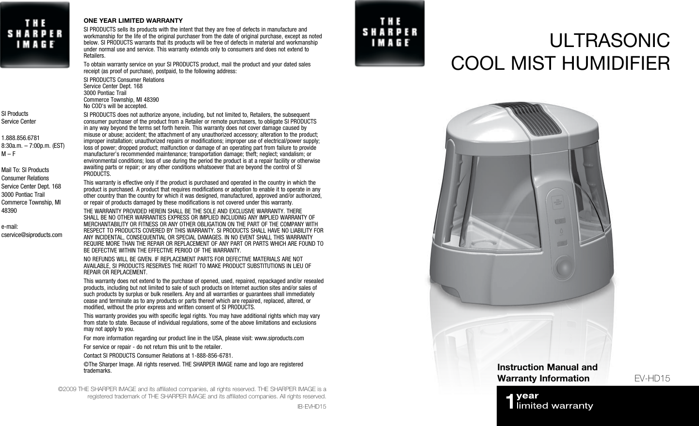 Sharper Image Humidifier The Ultrasonic Cool Mist Users Manual