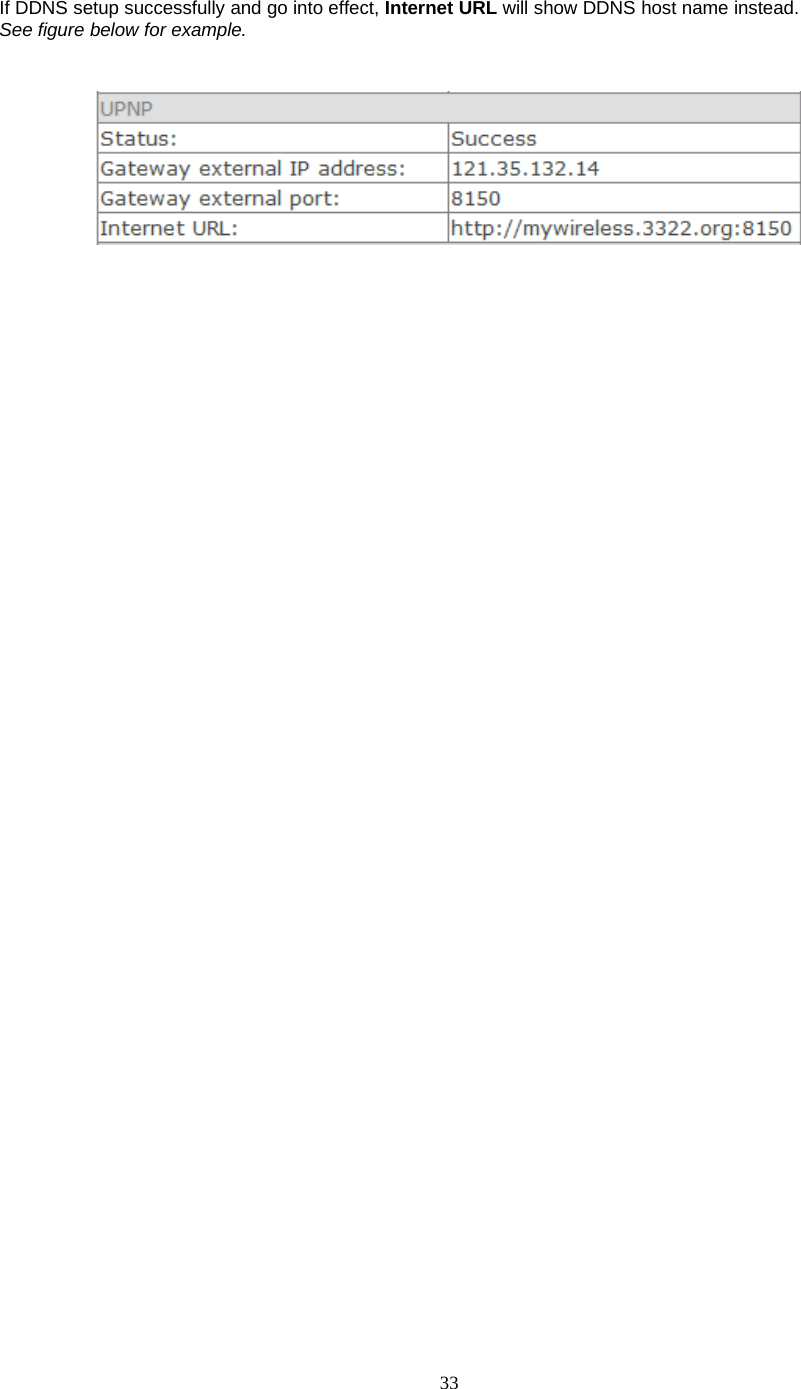 33If DDNS setup successfully and go into effect, Internet URL will show DDNS host name instead.See figure below for example.