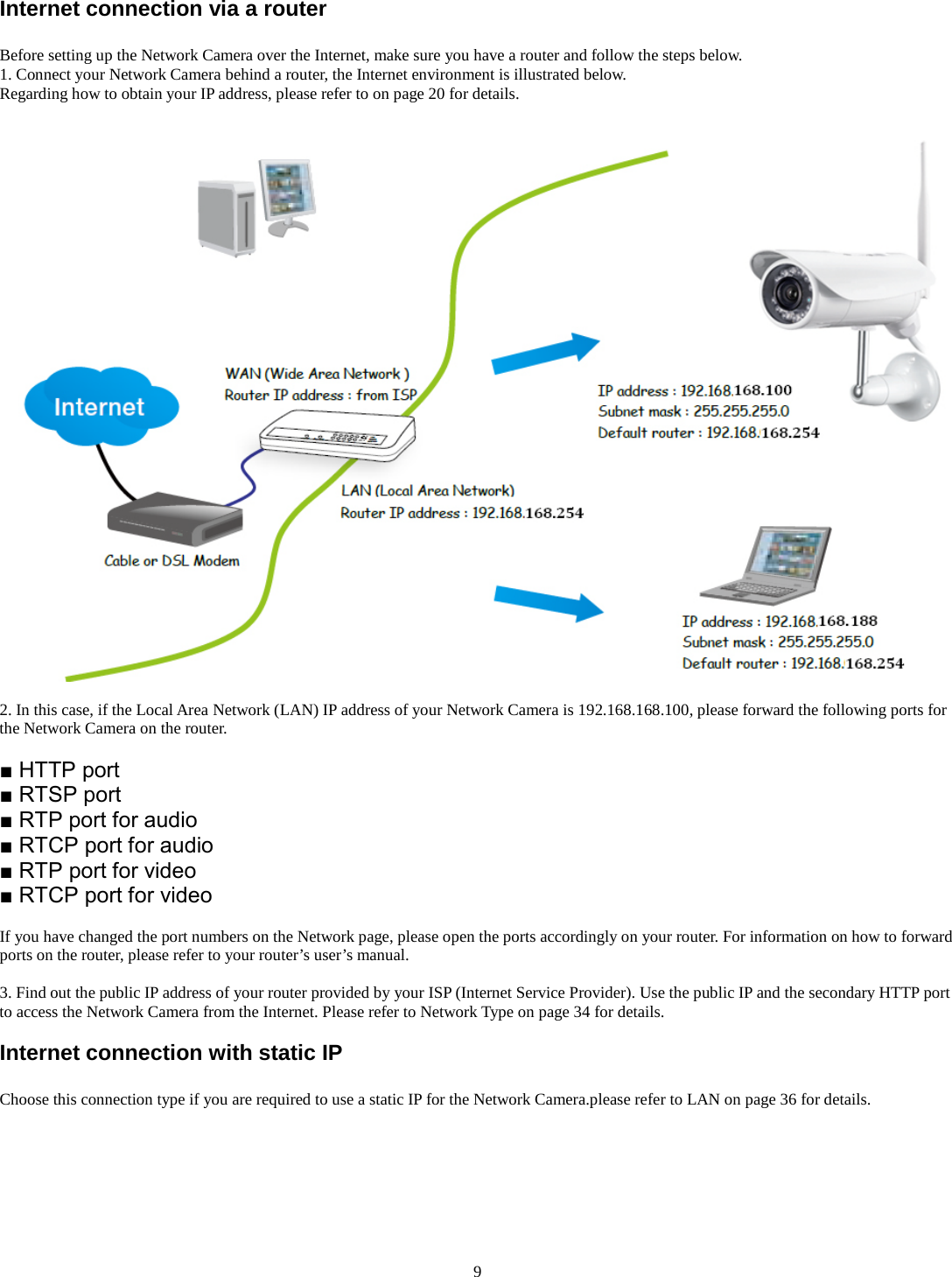   9 Internet connection via a router  Before setting up the Network Camera over the Internet, make sure you have a router and follow the steps below. 1. Connect your Network Camera behind a router, the Internet environment is illustrated below. Regarding how to obtain your IP address, please refer to on page 20 for details.           2. In this case, if the Local Area Network (LAN) IP address of your Network Camera is 192.168.168.100, please forward the following ports for the Network Camera on the router.  ■ HTTP port ■ RTSP port ■ RTP port for audio ■ RTCP port for audio ■ RTP port for video ■ RTCP port for video  If you have changed the port numbers on the Network page, please open the ports accordingly on your router. For information on how to forward ports on the router, please refer to your router&rsquo;s user&rsquo;s manual.  3. Find out the public IP address of your router provided by your ISP (Internet Service Provider). Use the public IP and the secondary HTTP port to access the Network Camera from the Internet. Please refer to Network Type on page 34 for details.  Internet connection with static IP  Choose this connection type if you are required to use a static IP for the Network Camera.please refer to LAN on page 36 for details.      