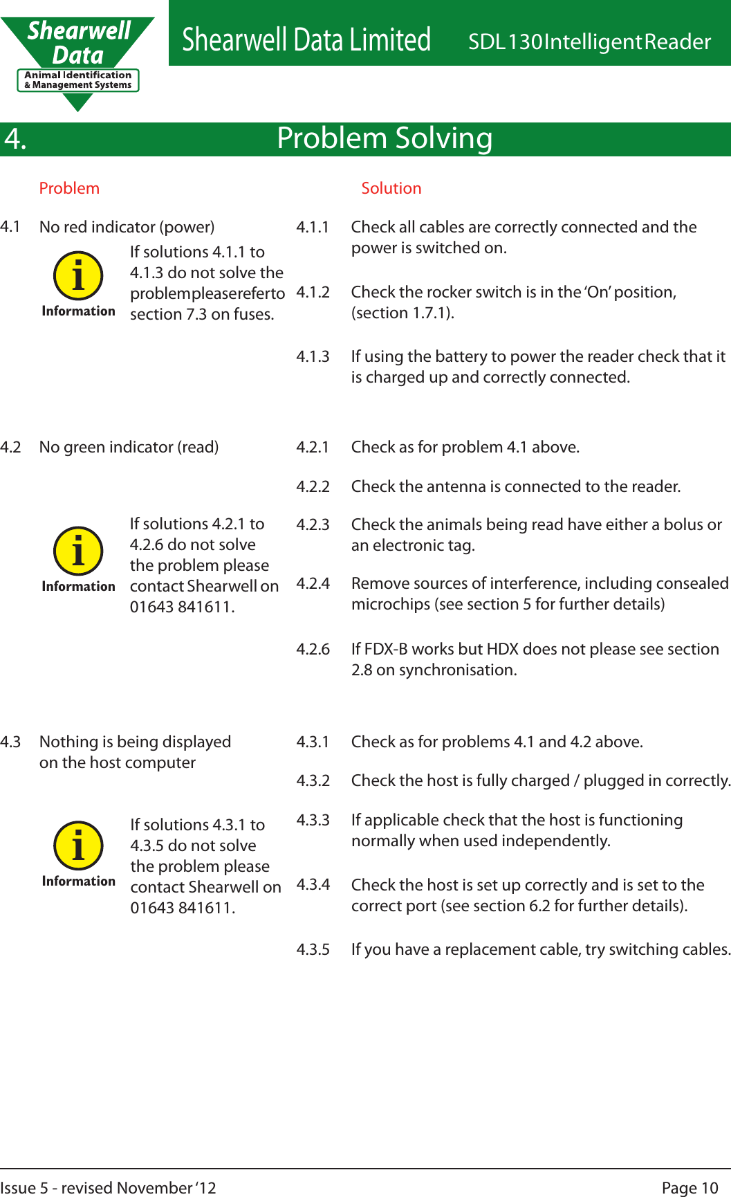 Shearwell Data LimitedSDL 130 Intelligent ReaderPage 10Issue 5 - revised November ‘12Problem Solving4.14.4.24.3Problem              SolutionNo green indicator (read)Nothing is being displayed on the host computerNo red indicator (power) Check all cables are correctly connected and the power is switched on.Check the rocker switch is in the ‘On’ position, (section 1.7.1).If using the battery to power the reader check that it is charged up and correctly connected.If solutions 4.1.1 to 4.1.3 do not solve the problem please refer to section 7.3 on fuses.4.1.14.1.24.1.3Check as for problem 4.1 above.Check the antenna is connected to the reader.Remove sources of interference, including consealed microchips (see section 5 for further details)4.2.14.2.24.2.3 Check the animals being read have either a bolus or an electronic tag.4.2.4If solutions 4.2.1 to 4.2.6 do not solve the problem please contact Shearwell on 01643 841611.Check as for problems 4.1 and 4.2 above.Check the host is fully charged / plugged in correctly.4.3.14.3.2If solutions 4.3.1 to 4.3.5 do not solve the problem please contact Shearwell on 01643 841611. If applicable check that the host is functioning normally when used independently.4.3.3If you have a replacement cable, try switching cables.4.3.5If FDX-B works but HDX does not please see section 2.8 on synchronisation.4.2.6Check the host is set up correctly and is set to the correct port (see section 6.2 for further details).4.3.4InformationiInformationiInformationi