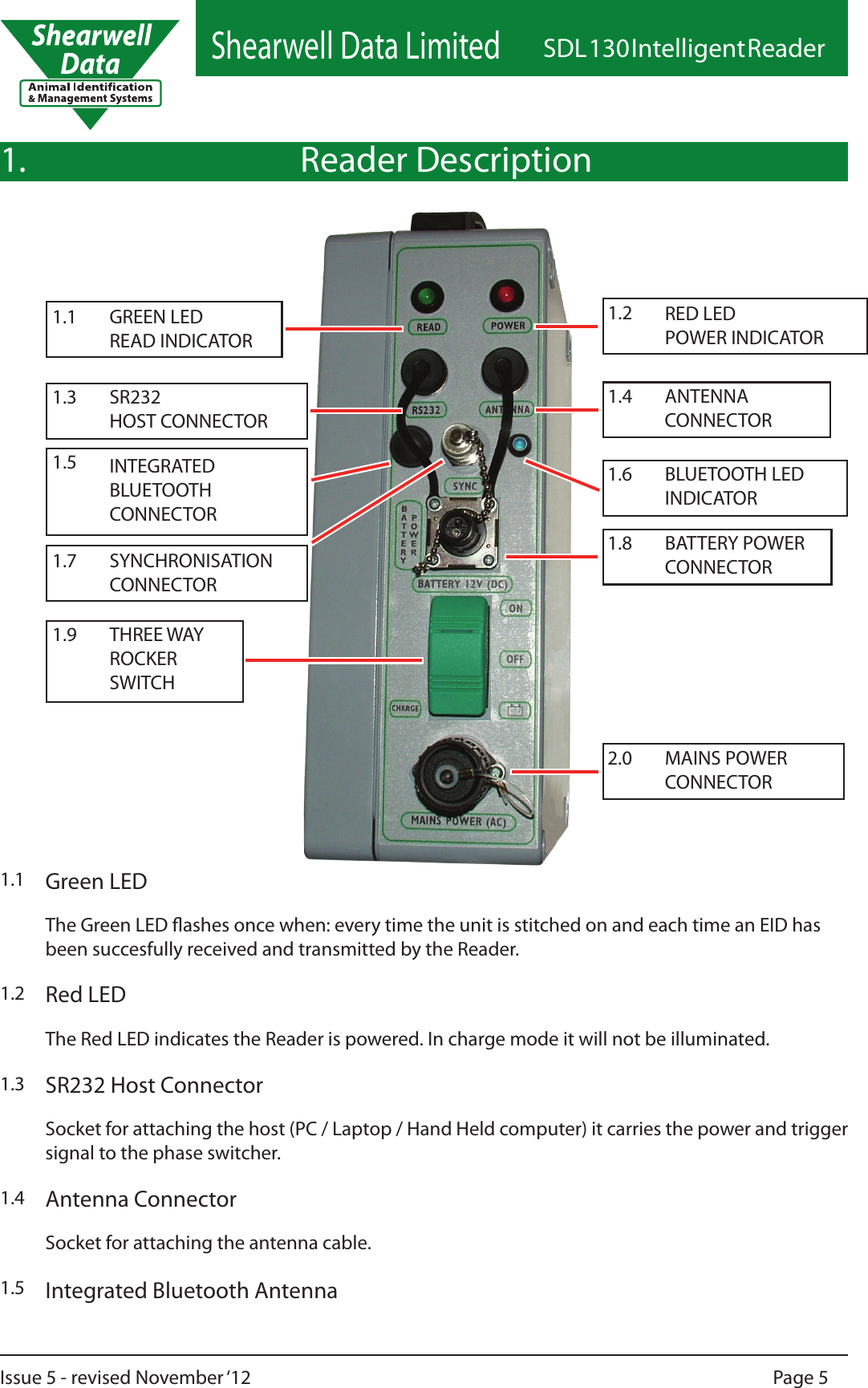 Shearwell Data LimitedSDL 130 Intelligent ReaderPage 5Issue 5 - revised November ‘12Reader Description1.1.1The Red LED indicates the Reader is powered. In charge mode it will not be illuminated.Red LEDRED LED POWER INDICATOR ANTENNA CONNECTORSYNCHRONISATION CONNECTORGREEN LED READ INDICATORBATTERY POWER CONNECTORSR232 HOST CONNECTORMAINS POWER CONNECTORTHREE WAY ROCKER SWITCH1.2The Green LED ashes once when: every time the unit is stitched on and each time an EID has been succesfully received and transmitted by the Reader.Green LED1.3Socket for attaching the antenna cable.Antenna Connector1.4Integrated Bluetooth Antenna1.5Socket for attaching the host (PC / Laptop / Hand Held computer) it carries the power and trigger signal to the phase switcher.SR232 Host Connector1.1 1.21.3 1.41.71.91.82.0BLUETOOTH LED INDICATOR1.61.5 INTEGRATED BLUETOOTH CONNECTOR