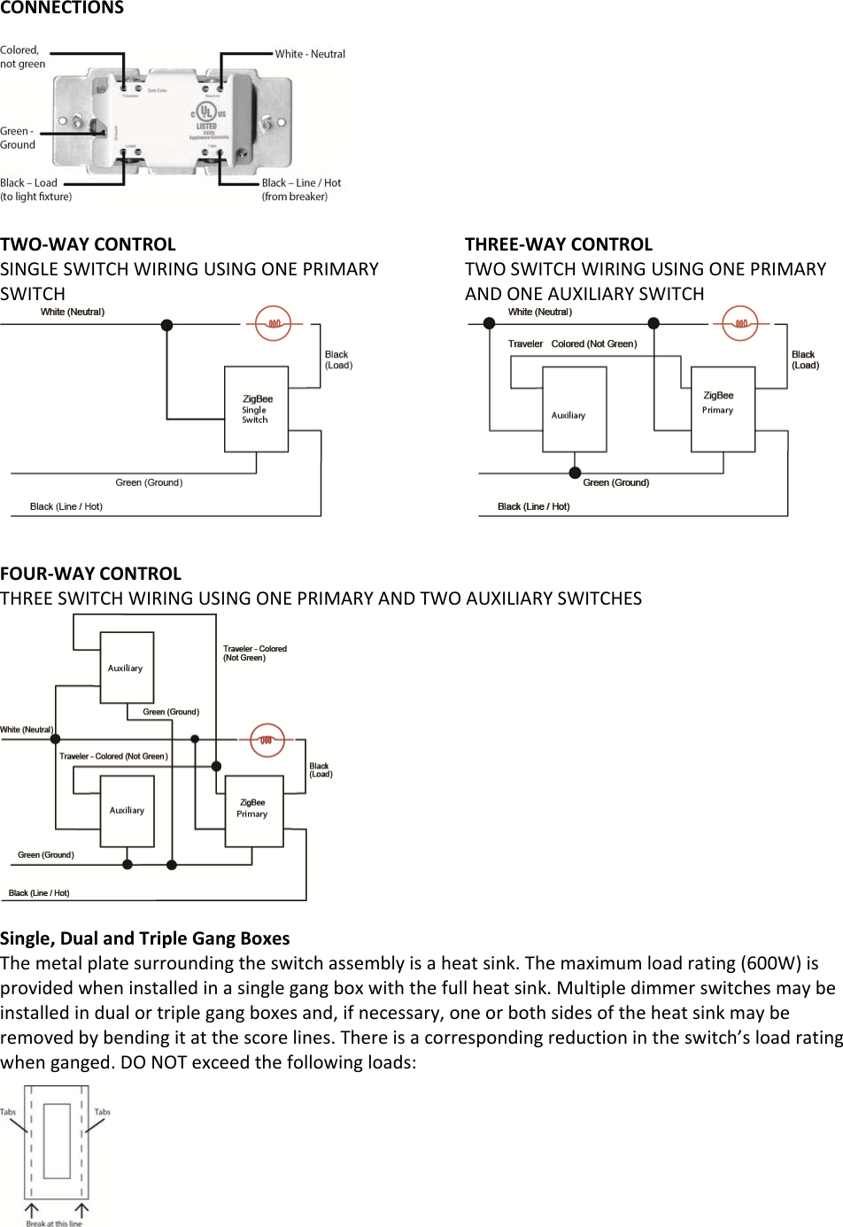 CONNECTIONSTWO‐WAYCONTROLSINGLESWITCHWIRINGUSINGONEPRIMARYSWITCHTHREE‐WAYCONTROLTWOSWITCHWIRINGUSINGONEPRIMARYANDONEAUXILIARYSWITCHFOUR‐WAYCONTROLTHREESWITCHWIRINGUSINGONEPRIMARYANDTWOAUXILIARYSWITCHESSingle,DualandTripleGangBoxesThe metal plate surrounding the switch assembly is a heat sink. The maximum load rating (600W) is provided when installed in a single gang box with the full heat sink. Multiple dimmer switches may be installed in dual or triple gang boxes and, if necessary, one or both sides of the heat sink may be removed by bending it at the score lines. There is a corresponding reduction in the switch’s load rating when ganged. DO NOT exceed the following loads: