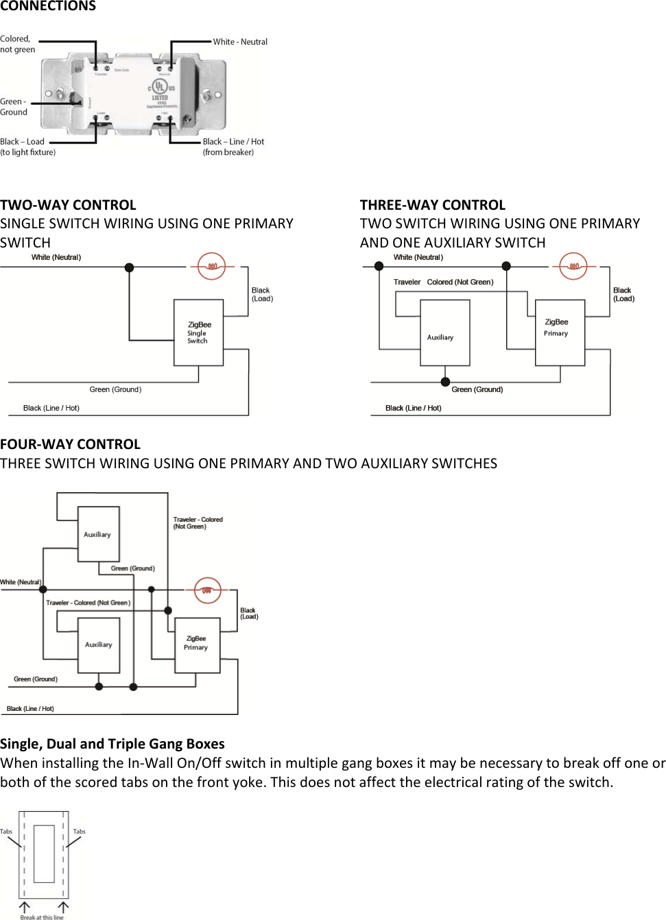 CONNECTIONSTWO‐WAYCONTROLSINGLESWITCHWIRINGUSINGONEPRIMARYSWITCHTHREE‐WAYCONTROLTWOSWITCHWIRINGUSINGONEPRIMARYANDONEAUXILIARYSWITCHFOUR‐WAYCONTROLTHREESWITCHWIRINGUSINGONEPRIMARYANDTWOAUXILIARYSWITCHESSingle,DualandTripleGangBoxesWheninstallingtheIn‐WallOn/Offswitchinmultiplegangboxesitmaybenecessarytobreakoffoneorbothofthescoredtabsonthefrontyoke.Thisdoesnotaffecttheelectricalratingoftheswitch.