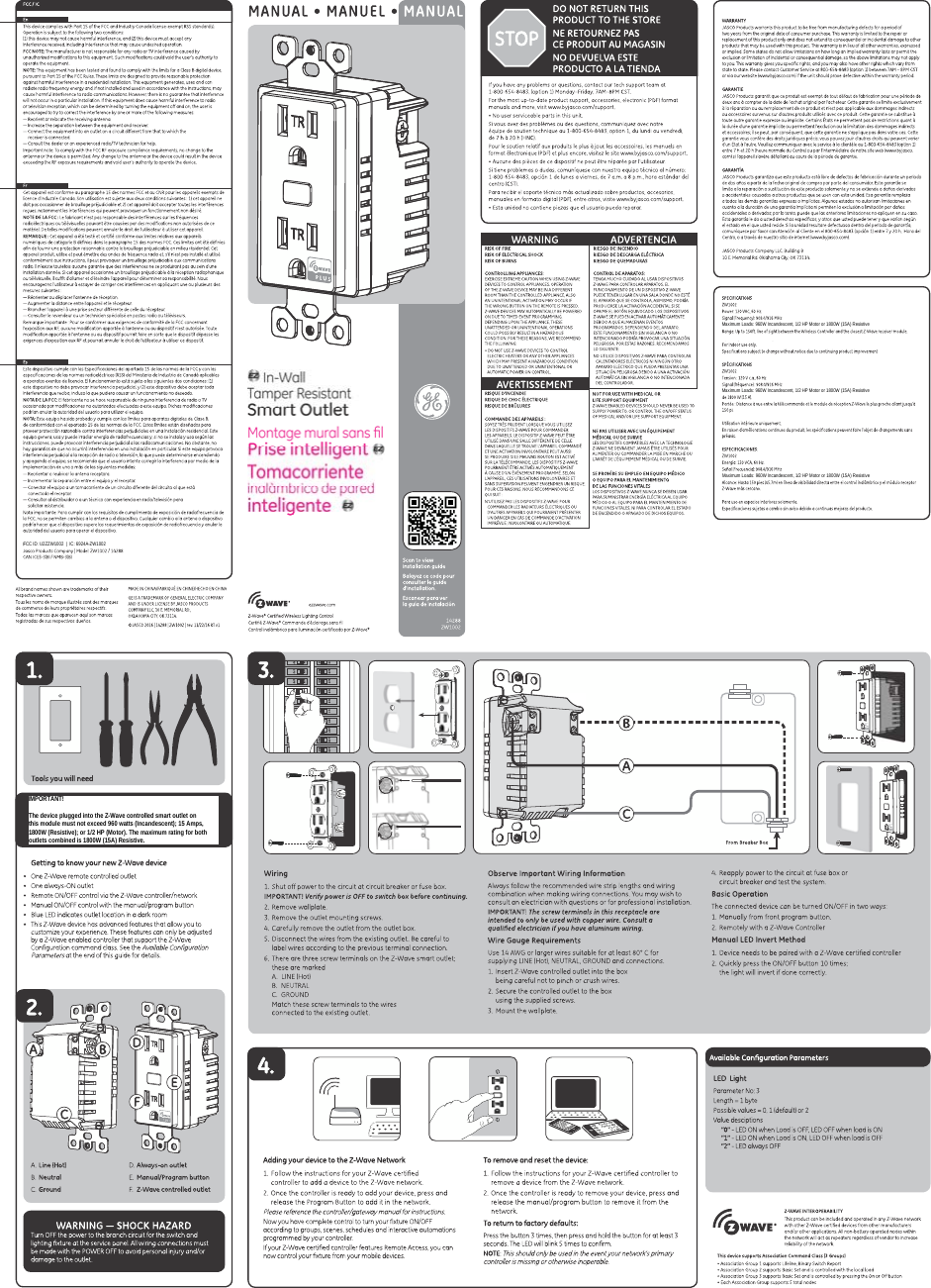 FCC ID: U2ZZW1002  |  IC: 6924A-ZW1002Maximum Loads: 960W Incandescent, 1/2 HP Motor or 1800W (15A) ResistiveMaximum Loads: 960W Incandescent, 1/2 HP Motor or 1800W (15A) ResistiveMaximum Loads: 960W Incandescent, 1/2 HP Motor or 1800W (15A) ResistiveIMPORTANT!The device plugged into the Z-Wave controlled smart outlet onthis module must not exceed 960 watts (Incandescent); 15 Amps, 1800W (Resistive); or 1/2 HP (Motor). The maximum rating for both outlets combined is 1800W (15A) Resistive.