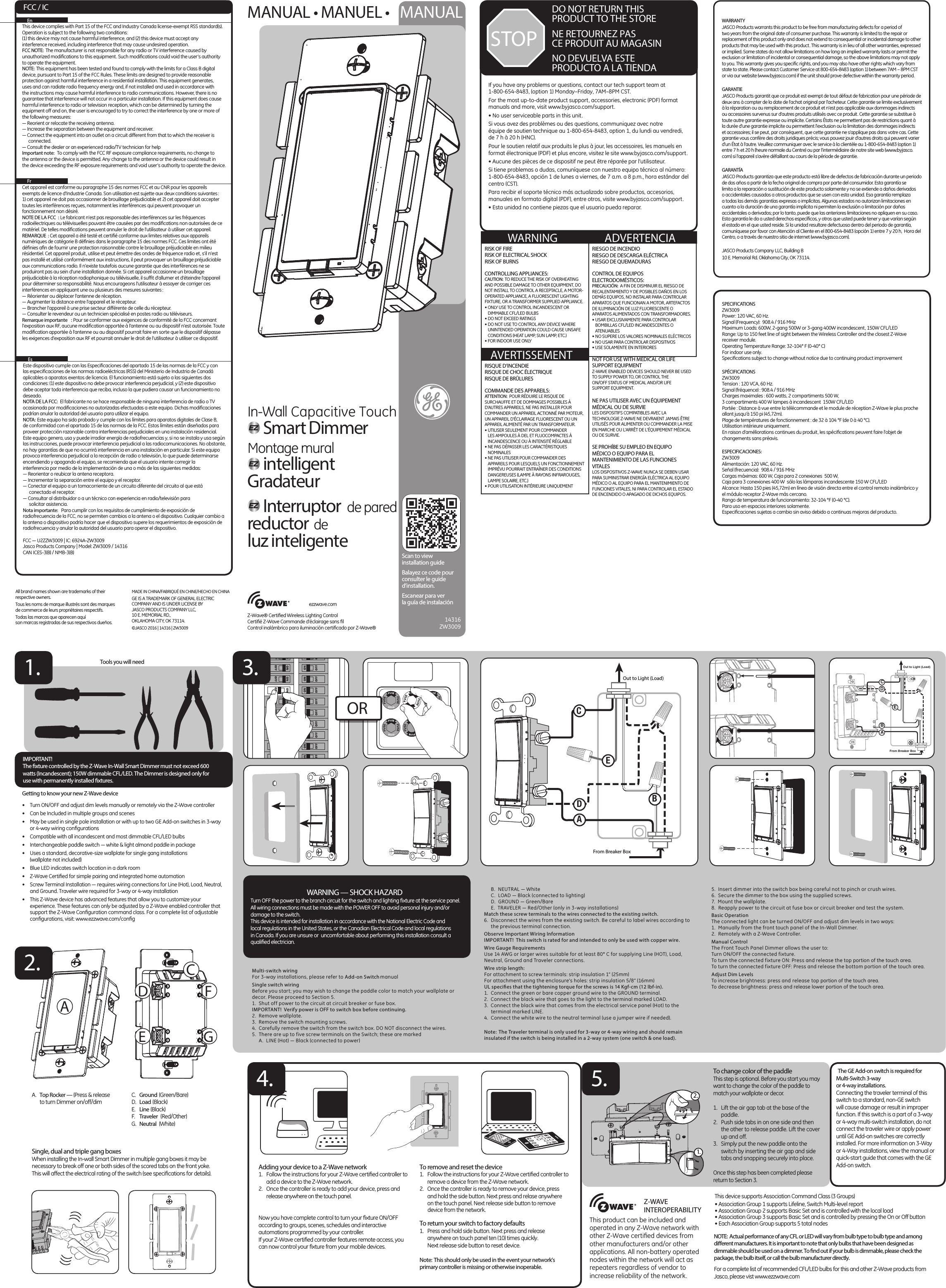   FrCet appareil est conforme au paragraphe 15 des normes FCC et au CNR pour les appareils exempts de licence d’Industrie Canada. Son utilisation est sujette aux deux conditions suivantes : 1) cet appareil ne doit pas occasionner de brouillage préjudiciable et 2) cet appareil doit accepter toutes les interférences reçues, notamment les interférences qui peuvent provoquer un fonctionnement non désiré.NOTE DE LA FCC  : Le fabricant n’est pas responsable des interférences sur les fréquences radioélectriques ou télévisuelles pouvant être causées par des modiﬁcations non autorisées de ce matériel. De telles modiﬁcations peuvent annuler le droit de l’utilisateur à utiliser cet appareil.REMARQUE : Cet appareil a été testé et certiﬁé conforme aux limites relatives aux appareils numériques de catégorie B déﬁnies dans le paragraphe 15 des normes FCC. Ces limites ont été déﬁnies aﬁn de fournir une protection raisonnable contre le brouillage préjudiciable en milieu résidentiel. Cet appareil produit, utilise et peut émettre des ondes de fréquence radio et, s’il n’est pas installé et utilisé conformément aux instructions, il peut provoquer un brouillage préjudiciable aux communications radio. Il n’existe toutefois aucune garantie que des interférences ne se produiront pas au sein d’une installation donnée. Si cet appareil occasionne un brouillage préjudiciable à la réception radiophonique ou télévisuelle, il sufﬁt d’allumer et d’éteindre l’appareil pour déterminer sa responsabilité. Nous encourageons l’utilisateur à essayer de corriger ces interférences en appliquant une ou plusieurs des mesures suivantes :— Réorienter ou déplacer l’antenne de réception. — Augmenter la distance entre l’appareil et le récepteur. — Brancher l’appareil à une prise secteur différente de celle du récepteur. — Consulter le revendeur ou un technicien spécialisé en postes radio ou téléviseurs.Remarque importante  : Pour se conformer aux exigences de conformité de la FCC concernant l’exposition aux RF, aucune modiﬁcation apportée à l’antenne ou au dispositif n’est autorisée. Toute modiﬁcation apportée à l’antenne ou au dispositif pourrait faire en sorte que le dispositif dépasse les exigences d’exposition aux RF et pourrait annuler le droit de l’utilisateur à utiliser ce dispositif.  EnThis device complies with Part 15 of the FCC and Industry Canada license-exempt RSS standard(s). Operation is subject to the following two conditions:  (1) this device may not cause harmful interference, and (2) this device must accept any interference received, including interference that may cause undesired operation.FCC NOTE: The manufacturer is not responsible for any radio or TV interference caused by unauthorized modiﬁcations to this equipment. Such modiﬁcations could void the user’s authority to operate the equipment.NOTE: This equipment has been tested and found to comply with the limits for a Class B digital device, pursuant to Part 15 of the FCC Rules. These limits are designed to provide reasonable protection against harmful interference in a residential installation. This equipment generates, uses and can radiate radio frequency energy and, if not installed and used in accordance with the instructions may cause harmful interference to radio communications. However, there is no guarantee that interference will not occur in a particular installation. If this equipment does cause harmful interference to radio or television reception, which can be determined by turning the equipment off and on, the user is encouraged to try to correct the interference by one or more of the following measures:— Reorient or relocate the receiving antenna. — Increase the separation between the equipment and receiver. — Connect the equipment into an outlet on a circuit different from that to which the receiver is    connected. — Consult the dealer or an experienced radio/TV technician for helpImportant note: To comply with the FCC RF exposure compliance requirements, no change to the antenna or the device is permitted. Any change to the antenna or the device could result in the device exceeding the RF exposure requirements and void user’s authority to operate the device.  EsEste dispositivo cumple con las Especiﬁcaciones del apartado 15 de las normas de la FCC y con las especiﬁcaciones de las normas radioeléctricas (RSS) del Ministerio de Industria de Canadá aplicables a aparatos exentos de licencia. El funcionamiento está sujeto a las siguientes dos condiciones: (1) este dispositivo no debe provocar interferencia perjudicial, y (2) este dispositivo debe aceptar toda interferencia que reciba, incluso la que pudiera causar un funcionamiento no deseado.NOTA DE LA FCC:  El fabricante no se hace responsable de ninguna interferencia de radio o TV ocasionada por modiﬁcaciones no autorizadas efectuadas a este equipo. Dichas modiﬁcaciones podrían anular la autoridad del usuario para utilizar el equipo.NOTA: Este equipo ha sido probado y cumple con los límites para aparatos digitales de Clase B, de conformidad con el apartado 15 de las normas de la FCC. Estos límites están diseñados para proveer protección razonable contra interferencias perjudiciales en una instalación residencial. Este equipo genera, usa y puede irradiar energía de radiofrecuencias y, si no se instala y usa según las instrucciones, puede provocar interferencia perjudicial a las radiocomunicaciones. No obstante, no hay garantías de que no ocurrirá interferencia en una instalación en particular. Si este equipo provoca interferencia perjudicial a la recepción de radio o televisión, lo que puede determinarse encendiendo y apagando el equipo, se recomienda que el usuario intente corregir la  interferencia por medio de la implementación de una o más de las siguientes medidas:— Reorientar o reubicar la antena receptora.— Incrementar la separación entre el equipo y el receptor.— Conectar el equipo a un tomacorriente de un circuito diferente del circuito al que está    conectado el receptor. — Consultar al distribuidor o a un técnico con experiencia en radio/televisión para    solicitar asistencia.Nota importante:  Para cumplir con los requisitos de cumplimiento de exposición de radiofrecuencia de la FCC, no se permiten cambios a la antena o el dispositivo. Cualquier cambio a la antena o dispositivo podría hacer que el dispositivo supere los requerimientos de exposición de radiofrecuencia y anular la autoridad del usuario para operar el dispositivo.FCC — U2ZZW3009 | IC: 6924A-ZW3009Jasco Products Company | Model: ZW3009 / 14316 CAN ICES-3(B) / NMB-3(B)FCC / ICAll brand names shown are trademarks of their respective owners. Tous les noms de marque illustrés sont des marques de commerce de leurs propriétaires respectifs.Todas las marcas que aparecen aquí son marcas registradas de sus respectivos dueños.MADE IN CHINA/FABRIQUÉ EN CHINE/HECHO EN CHINAGE IS A TRADEMARK OF GENERAL ELECTRIC COMPANY AND IS UNDER LICENSE BY JASCO PRODUCTS COMPANY LLC, 10 E. MEMORIAL RD., OKLAHOMA CITY, OK 73114.©JASCO 2016 | 14316 | ZW3009 MANUAL • MANUEL • MANUALSPECIFICATIONSZW3009Power: 120 VAC, 60 Hz.Signal (Frequency):  908.4 / 916 MHzMaximum Loads: 600W, 2-gang 500W or 3-gang 400W incandescent, 150W CFL/LED Range: Up to 150 feet line of sight between the Wireless Controller and the closest Z-Wave receiver module.Operating Temperature Range: 32-104° F (0-40° C)For indoor use only.Speciﬁcations subject to change without notice due to continuing product improvement SPÉCIFICATIONSZW3009Tension : 120 VCA, 60 Hz.Signal (fréquence) : 908.4 / 916 MHzCharges maximales : 600 watts, 2 compartiments 500 W,3 compartiments 400 W lampes à incandescent  150W CFL/LEDPortée : Distance à vue entre la télécommande et le module de réception Z-Wave le plus proche allant jusqu’à 150 pi (45,72m).Plage de températures de fonctionnement : de 32 à 104 °F (de 0 à 40 °C).Utilisation intérieure uniquement.En raison d’améliorations continues du produit, les spéciﬁcations peuvent faire l’objet de changements sans préavis.ESPECIFICACIONES:ZW3009Alimentación: 120 VAC, 60 Hz.Señal (frecuencia):  908.4 / 916 MHzCargas máximas: 600 W, Caja para 2 conexiones  500 W,Caja para 3 conexiones 400 W  sólo las lámparas incandescente 150 W CFL/LED Alcance: Hasta 150 pies (45,72m) en línea de visión directa entre el control remoto inalámbrico y el módulo receptor Z-Wave más cercano.Rango de temperatura de funcionamiento: 32-104 °F (0-40 °C).Para uso en espacios interiores solamente. Especiﬁcaciones sujetas a cambio sin aviso debido a continuas mejoras del producto.Tools you will need1.•  Turn ON/OFF and adjust dim levels manually or remotely via the Z-Wave controller•  Can be Included in multiple groups and scenes•  May be used in single pole installation or with up to two GE Add-on switches in 3-way or 4-way wiring conﬁgurations•  Compatible with all incandescent and most dimmable CFL/LED bulbs•  Interchangeable paddle switch — white &amp; light almond paddle in package•  Uses a standard, decorative-size wallplate for single gang installations  (wallplate not included)• Blue LED indicates switch location in a dark room• Z-Wave Certiﬁed for simple pairing and integrated home automation•  Screw Terminal Installation — requires wiring connections for Line (Hot), Load, Neutral, and Ground. Traveler wire required for 3-way or 4-way installation• This Z-Wave device has advanced features that allow you to customize your experience. These features can only be adjusted by a Z-Wave enabled controller that support the Z-Wave Conﬁguration command class. For a complete list of adjustable conﬁgurations, visit: www.ezzwave.com/conﬁgGetting to know your new Z-Wave deviceIMPORTANT!The ﬁxture controlled by the Z-Wave In-Wall Smart Dimmer must not exceed 600 watts (Incandescent); 150W dimmable CFL/LED. The Dimmer is designed only for use with permanently installed ﬁxtures.A.  Top Rocker — (Press &amp; release to turn Dimmer on/off/dimC.  Ground (Green/Bare)D.  Load (Black)E.  Line (Black)F.  Traveler  (Red/Other)G.  Neutral (White)Single, dual and triple gang boxesWhen installing the In-wall Smart Dimmer in multiple gang boxes it may be necessary to break off one or both sides of the scored tabs on the front yoke. This will affect the electrical rating of the switch (see speciﬁcations for details).FGADEC2.OROR3.WARNING — SHOCK HAZARDTurn OFF the power to the branch circuit for the switch and lighting ﬁxture at the service panel. All wiring connections must be made with the POWER OFF to avoid personal injury and/or damage to the switch.This device is intended for installation in accordance with the National Electric Code and local regulations in the United States, or the Canadian Electrical Code and local regulations in Canada. If you are unsure or  uncomfortable about performing this installation consult a qualiﬁed electrician.Multi-switch wiring For 3-way installations, please refer to Add-on Switch manualSingle switch wiring Before you start; you may wish to change the paddle color to match your wallplate or decor. Please proceed to Section 5. 1.  Shut off power to the circuit at circuit breaker or fuse box.IMPORTANT!  Verify power is OFF to switch box before continuing.2.  Remove wallplate.3.  Remove the switch mounting screws.4.  Carefully remove the switch from the switch box. DO NOT disconnect the wires.5.  There are up to five screw terminals on the Switch; these are marked  A.  LINE (Hot) — Black (connected to power) B.  NEUTRAL — White C.  LOAD — Black (connected to lighting) D.  GROUND — Green/Bare E.  TRAVELER — Red/Other (only in 3-way installations)Match these screw terminals to the wires connected to the existing switch.6.  Disconnect the wires from the existing switch. Be careful to label wires according to the previous terminal connection.Observe Important Wiring InformationIMPORTANT!  This switch is rated for and intended to only be used with copper wire.Wire Gauge RequirementsUse 14 AWG or larger wires suitable for at least 80° C for supplying Line (HOT), Load, Neutral, Ground and Traveler connections.Wire strip length:For attachment to screw terminals: strip insulation 1” (25mm)For attachment using the enclosure’s holes: strip insulation 5/8” (16mm)UL species that the tightening torque for the screws is 14 Kgf-cm (12 lbf-in).1.  Connect the green or bare copper ground wire to the GROUND terminal.2.  Connect the black wire that goes to the light to the terminal marked LOAD.3.  Connect the black wire that comes from the electrical service panel (Hot) to the terminal marked LINE.4.  Connect the white wire to the neutral terminal (use a jumper wire if needed). Note:  The Traveler terminal is only used for 3-way or 4-way wiring and should remain insulated if the switch is being installed in a 2-way system (one switch &amp; one load).5.  Insert dimmer into the switch box being careful not to pinch or crush wires.6.  Secure the dimmer to the box using the supplied screws.7.  Mount the wallplate.8.  Reapply power to the circuit at fuse box or circuit breaker and test the system.Basic OperationThe connected light can be turned ON/OFF and adjust dim levels in two ways:1.  Manually from the front touch panel of the In-Wall Dimmer.2.  Remotely with a Z-Wave Controller.Manual ControlThe Front Touch Panel Dimmer allows the user to:Turn ON/OFF the connected fixture.To turn the connected fixture ON: Press and release the top portion of the touch area.To turn the connected fixture OFF: Press and release the bottom portion of the touch area.Adjust Dim LevelsTo increase brightness: press and release top portion of the touch area.To decrease brightness: press and release lower portion of the touch area.From Breaker BoxOut to Light (Load)ABEDCAdding your device to a Z-Wave network1.  Follow the instructions for your Z-Wave certiﬁed controller to add a device to the Z-Wave network.2.  Once the controller is ready to add your device, press and release anywhere on the touch panel. Now you have complete control to turn your ﬁxture ON/OFF according to groups, scenes, schedules and interactive automations programmed by your controller.If your Z-Wave certiﬁed controller features remote access, you can now control your ﬁxture from your mobile devices.To remove and reset the device1.  Follow the instructions for your Z-Wave certiﬁed controller to remove a device from the Z-Wave network. 2.  Once the controller is ready to remove your device, press and hold the side button. Next press and relase anywhere on the touch panel. Next release side button to remove To return your switch to factory defaults1. Press and hold side button. Next press and release anywhere on touch panel ten (10) times quickly. Next release side button to reset device.Note: This should only be used in the event your network’s primary controller is missing or otherwise inoperable.4.This device supports Association Command Class (3 Groups)• Association Group 1 supports Lifeline, Switch Multi-level report • Association Group 2 supports Basic Set and is controlled with the local load • Association Group 3 supports Basic Set and is controlled by pressing the On or Off button • Each Association Group supports 5 total nodesThis product can be included and operated in any Z-Wave network with other Z-Wave certiﬁed devices from other manufacturers and/or other applications. All non-battery operated nodes within the network will act as repeaters regardless of vendor to increase reliability of the network.To change color of the paddleThis step is optional. Before you start you may want to change the color of the paddle to match your wallplate or decor.1.  Lift the air gap tab at the base of the paddle.2.  Push side tabs in on one side and then the other to release paddle. Lift the cover up and off.3.  Simply put the new paddle onto the switch by inserting the air gap and side tabs and snapping securely into place.Once this step has been completed please return to Section 3.5.1.2.NOTE: Actual performance of any CFL or LED will vary from bulb type to bulb type and among dierent manufacturers. It is important to note that only bulbs that have been designed as dimmable should be used on a dimmer. To ﬁnd out if your bulb is dimmable, please check the package, the bulb itself, or call the bulb manufacturer directly.For a complete list of recommended CFL/LED bulbs for this and other Z-Wave products from Jasco, please vist www.ezzwave.comZ-WAVE INTEROPERABILITYThe GE Add-on switch is required for Multi-Switch 3-way   or 4-way installations.Connecting the traveler terminal of this switch to a standard, non-GE switch will cause damage or result in improper function. If this switch is a part of a 3-way or 4-way multi-switch installation, do not connect the traveler wire or apply power until GE Add-on switches are correctly installed. For more information on 3-Way or 4-Way installations, view the manual or quick-start guide that comes with the GE Add-on switch.Scan to view  installation guideBalayez ce code pour consulter le guide d’installation.Escanear para ver  la guía de instalaciónZ-Wave® Certiﬁed Wireless Lighting ControlCertiﬁé Z-Wave Commande d’éclairage sans ﬁlControl inalámbrico para iluminación certiﬁcado por Z-Wave®ezzwave.com14316ZW3009Out to Light (Load)ADECBFrom Breaker BoxFrom Breaker BoxOut to Light (Load)In-Wall Capacitive Touch Smart DimmerMontage mural intelligent GradateurInterruptor  de pared reductor de  luz inteligenteDO NOT RETURN THIS  PRODUCT TO THE STORENE RETOURNEZ PAS   CE PRODUIT AU MAGASINNO DEVUELVA ESTE   PRODUCTO A LA TIENDASTOPRIESGO DE INCENDIORIESGO DE DESCARGA ELÉCTRICARIESGO DE QUEMADURASCONTROL DE EQUIPOS ELECTRODOMÉSTICOS: PRECAUCIÓN: A FIN DE DISMINUIR EL RIESGO DE RECALENTAMIENTO Y DE POSIBLES DAÑOS EN LOS DEMÁS EQUIPOS, NO INSTALAR PARA CONTROLAR APARATOS QUE FUNCIONAN A MOTOR, ARTEFACTOS DE ILUMINACIÓN DE LUZ FLUORESCENTE O APARATOS ALIMENTADOS CON TRANSFORMADORES. • USAR EXCLUSIVAMENTE PARA CONTROLAR BOMBILLAS CFL/LED INCANDESCENTES O ATENUABLES  • NO SUPERE LOS VALORES NOMINALES ELÉCTRICOS • NO USAR PARA CONTROLAR DISPOSITIVOS• USE SOLAMENTE EN INTERIORES RISK OF FIRERISK OF ELECTRICAL SHOCKRISK OF BURNSCONTROLLING APPLIANCES: CAUTION: TO REDUCE THE RISK OF OVERHEATING AND POSSIBLE DAMAGE TO OTHER EQUIPMENT, DO NOT INSTALL TO CONTROL A RECEPTACLE, A MOTOR-OPERATED APPLIANCE, A FLUORESCENT LIGHTING FIXTURE, OR A TRANSFORMER SUPPLIED APPLIANCE.• ONLY USE TO CONTROL INCANDESCENT OR DIMMABLE CFL/LED BULBS• DO NOT EXCEED RATINGS• DO NOT USE TO CONTROL ANY DEVICE WHERE UNINTENDED OPERATION COULD CAUSE UNSAFE CONDITIONS (HEAT LAMP, SUN LAMP, ETC.)• FOR INDOOR USE ONLYNOT FOR USE WITH MEDICAL OR LIFE SUPPORT EQUIPMENTZ-WAVE ENABLED DEVICES SHOULD NEVER BE USED TO SUPPLY POWER TO, OR CONTROL THE  ON/OFF STATUS OF MEDICAL AND/OR LIFE  SUPPORT EQUIPMENT.NE PAS UTILISER AVEC UN ÉQUIPEMENT MÉDICAL OU DE SURVIELES DISPOSITIFS COMPATIBLES AVEC LA TECHNOLOGIE Z-WAVE NE DEVRAIENT JAMAIS ÊTRE UTILISÉS POUR ALIMENTER OU COMMANDER LA MISE EN MARCHE OU L’ARRÊT DE L’ÉQUIPEMENT MÉDICAL OU DE SURVIE.SE PROHÍBE SU EMPLEO EN EQUIPO MÉDICO O EQUIPO PARA EL MANTENIMIENTO DE LAS FUNCIONES VITALES LOS DISPOSITIVOS Z-WAVE NUNCA SE DEBEN USAR PARA SUMINISTRAR ENERGÍA ELÉCTRICA AL EQUIPO MÉDICO O AL EQUIPO PARA EL MANTENIMIENTO DE FUNCIONES VITALES, NI PARA CONTROLAR EL ESTADO DE ENCENDIDO O APAGADO DE DICHOS EQUIPOS.RISQUE D’INCENDIERISQUE DE CHOC ÉLECTRIQUERISQUE DE BRÛLURESCOMMANDE DES APPAREILS: ATTENTION:  POUR RÉDUIRE LE RISQUE DE SURCHAUFFE ET DE DOMMAGES POSSIBLES À D’AUTRES APPAREILS, NE PAS INSTALLER POUR COMMANDER UN APPAREIL ACTIONNÉ PAR MOTEUR, UN APPAREIL D’ÉCLAIRAGE FLUORESCENT OU UN APPAREIL ALIMENTÉ PAR UN TRANSFORMATEUR. • UTILISER SEULEMENT POUR COMMANDER LES AMPOULES À DEL ET FLUOCOMPACTES À INCANDESCENCE OU À INTENSITÉ RÉGLABLE • NE PAS DÉPASSER LES CARACTÉRISTIQUES NOMINALES • NE PAS UTILISER POUR COMMANDER DES APPAREILS POUR LESQUELS UN FONCTIONNEMENT IMPRÉVU POURRAIT ENTRAÎNER DES CONDITIONS DANGEREUSES (LAMPE À RAYONS INFRAROUGES, LAMPE SOLAIRE, ETC.)• POUR UTILISATION INTÉRIEURE UNIQUEMENT AVERTISSEMENTWARNING ADVERTENCIAWARRANTYJASCO Products warrants this product to be free from manufacturing defects for a period of two years from the original date of consumer purchase. This warranty is limited to the repair or replacement of this product only and does not extend to consequential or incidental damage to other products that may be used with this product. This warranty is in lieu of all other warranties, expressed or implied. Some states do not allow limitations on how long an implied warranty lasts or permit the exclusion or limitation of incidental or consequential damage, so the above limitations may not apply to you. This warranty gives you speciﬁc rights, and you may also have other rights which vary from state to state. Please contact Customer Service at 800-654-8483 (option 1) between 7AM – 8PM CST or via our website (www.byjasco.com) if the unit should prove defective within the warranty period.GARANTIEJASCO Products garantit que ce produit est exempt de tout défaut de fabrication pour une période de deux ans à compter de la date de l’achat original par l’acheteur. Cette garantie se limite exclusivement à la réparation ou au remplacement de ce produit et n’est pas applicable aux dommages indirects ou accessoires survenus sur d’autres produits utilisés avec ce produit. Cette garantie se substitue à toute autre garantie expresse ou implicite. Certains États ne permettent pas de restrictions quant à la durée d’une garantie implicite ou permettent l’exclusion ou la limitation des dommages indirects et accessoires; il se peut, par conséquent, que cette garantie ne s’applique pas dans votre cas. Cette garantie vous confère des droits juridiques précis; vous pouvez jouir d’autres droits qui peuvent varier d’un État à l’autre. Veuillez communiquer avec le service à la clientèle au 1-800-654-8483 (option 1) entre 7 h et 20 h (heure normale du Centre) ou par l’intermédiaire de notre site web (www.byjasco.com) si l’appareil s’avère défaillant au cours de la période de garantie.GARANTÍAJASCO Products garantiza que este producto está libre de defectos de fabricación durante un periodo de dos años a partir de la fecha original de compra por parte del consumidor. Esta garantía se limita a la reparación o sustitución de este producto solamente y no se extiende a daños derivados o accidentales causados a otros productos que se usen con esta unidad. Esa garantía remplaza a todas las demás garantías expresas o implícitas. Algunos estados no autorizan limitaciones en cuanto a la duración de una garantía implícita ni permiten la exclusión o limitación por daños accidentales o derivados; por lo tanto, puede que las anteriores limitaciones no apliquen en su caso. Esta garantía le da a usted derechos especíﬁcos, y otros que usted puede tener y que varían según el estado en el que usted reside. Si la unidad resultare defectuosa dentro del periodo de garantía, comuníquese por favor con Atención al Cliente en el 800-654-8483 (opción 1) entre 7 y 20 h,  Hora del Centro, o a través de nuestro sitio de internet (www.byjasco.com).JASCO Products Company LLC, Building B10 E. Memorial Rd. Oklahoma City, OK 73114.If you have any problems or questions, contact our tech support team at 1-800-654-8483, (option 1) Monday–Friday, 7AM–8PM CST.For the most up-to-date product support, accessories, electronic (PDF) format manuals and more, visit www.byjasco.com/support.• No user serviceable parts in this unit.Si vous avez des problèmes ou des questions, communiquez avec notre  équipe de soutien technique au 1-800-654-8483, option 1, du lundi au vendredi,  de 7 h à 20 h (HNC).Pour le soutien relatif aux produits le plus à jour, les accessoires, les manuels en format électronique (PDF) et plus encore, visitez le site www.byjasco.com/support.• Aucune des pièces de ce dispositif ne peut être réparée par l’utilisateur.Si tiene problemas o dudas, comuníquese con nuestro equipo técnico al número: 1-800-654-8483, opción 1 de lunes a viernes, de 7 a.m. a 8 p.m., hora estándar del centro (CST).Para recibir el soporte técnico más actualizado sobre productos, accesorios, manuales en formato digital (PDF), entre otros, visite www.byjasco.com/support.• Esta unidad no contiene piezas que el usuario pueda reparar.device from the network.