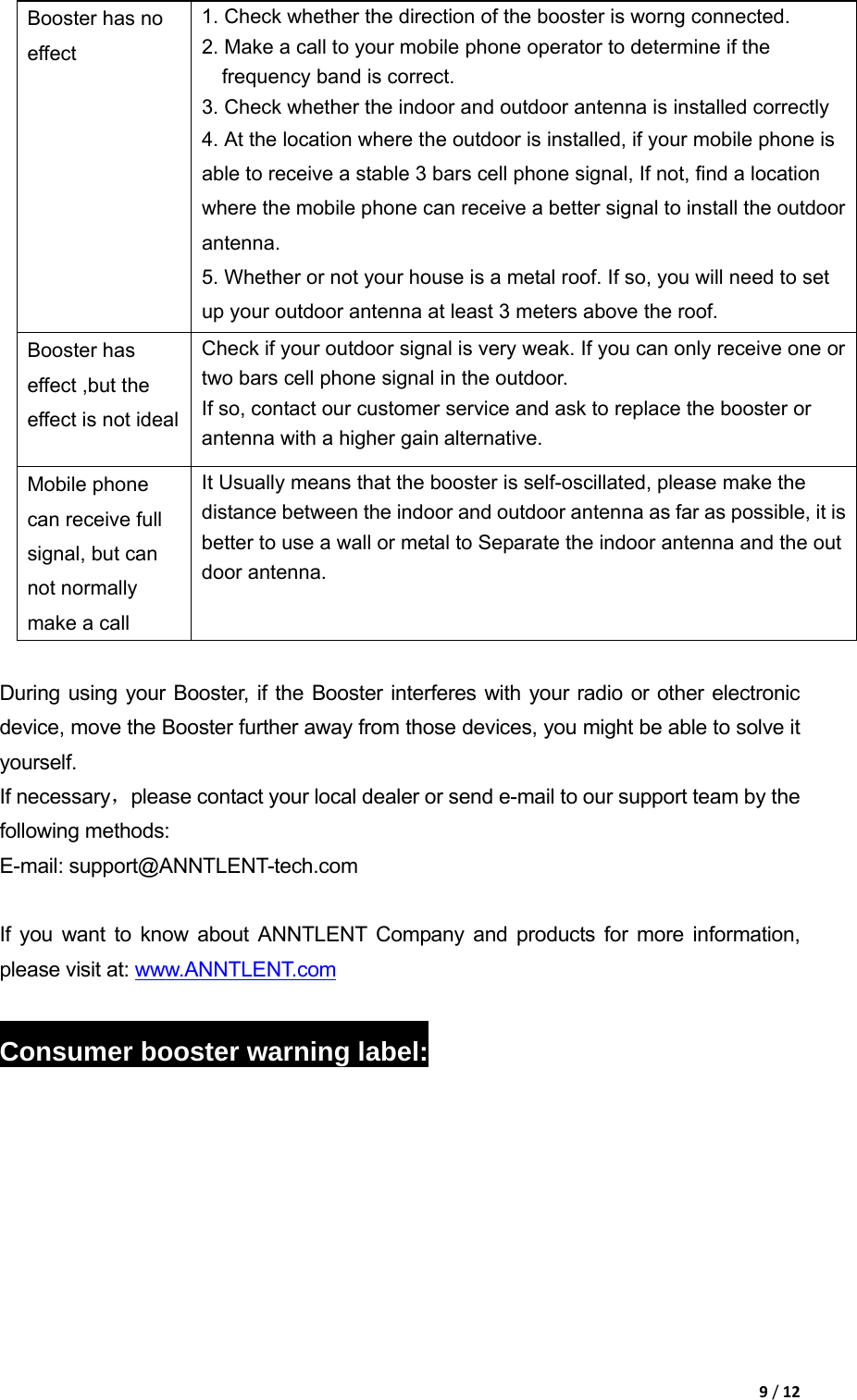9/12Booster has no effect 1. Check whether the direction of the booster is worng connected. 2. Make a call to your mobile phone operator to determine if the frequency band is correct. 3. Check whether the indoor and outdoor antenna is installed correctly 4. At the location where the outdoor is installed, if your mobile phone is able to receive a stable 3 bars cell phone signal, If not, find a location where the mobile phone can receive a better signal to install the outdoor antenna. 5. Whether or not your house is a metal roof. If so, you will need to set up your outdoor antenna at least 3 meters above the roof. Booster has effect ,but the effect is not idealCheck if your outdoor signal is very weak. If you can only receive one or two bars cell phone signal in the outdoor. If so, contact our customer service and ask to replace the booster or antenna with a higher gain alternative. Mobile phone can receive full signal, but can not normally make a call It Usually means that the booster is self-oscillated, please make the distance between the indoor and outdoor antenna as far as possible, it is better to use a wall or metal to Separate the indoor antenna and the out door antenna.  During using your Booster, if the Booster interferes with your radio or other electronic device, move the Booster further away from those devices, you might be able to solve it yourself. If necessary，please contact your local dealer or send e-mail to our support team by the following methods: E-mail: support@ANNTLENT-tech.com  If you want to know about ANNTLENT Company and products for more information, please visit at: www.ANNTLENT.com  Consumer booster warning label: 