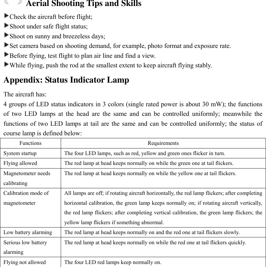 Aerial Shooting Tips and Skills Check the aircraft before flight;   Shoot under safe flight status; Shoot on sunny and breezeless days; Set camera based on shooting demand, for example, photo format and exposure rate.   Before flying, test flight to plan air line and find a view.   While flying, push the rod at the smallest extent to keep aircraft flying stably.   Appendix: Status Indicator Lamp The aircraft has:   4 groups of LED status indicators in 3 colors (single rated power is about 30 mW); the functions of  two  LED  lamps  at  the  head  are  the  same  and  can  be  controlled  uniformly;  meanwhile  the functions of  two  LED lamps  at tail are  the same and  can be  controlled uniformly;  the  status  of course lamp is defined below:   Functions Requirements System startup The four LED lamps, such as red, yellow and green ones flicker in turn.   Flying allowed The red lamp at head keeps normally on while the green one at tail flickers.   Magnetometer needs calibrating The red lamp at head keeps normally on while the yellow one at tail flickers. Calibration mode of magnetometer All lamps are off; if rotating aircraft horizontally, the red lamp flickers; after completing horizontal calibration, the green lamp keeps normally on; if rotating aircraft vertically, the red lamp flickers; after completing vertical calibration, the green lamp flickers; the yellow lamp flickers if something abnormal.   Low battery alarming The red lamp at head keeps normally on and the red one at tail flickers slowly.   Serious low battery alarming The red lamp at head keeps normally on while the red one at tail flickers quickly.   Flying not allowed The four LED red lamps keep normally on.   