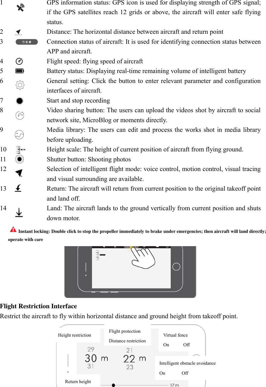 1  GPS information status: GPS icon is used for displaying strength of GPS signal; if the GPS  satellites reach 12 grids or  above, the aircraft will enter safe flying status.   2  Distance: The horizontal distance between aircraft and return point 3  Connection status of aircraft: It is used for identifying connection status between APP and aircraft.   4  Flight speed: flying speed of aircraft 5  Battery status: Displaying real-time remaining volume of intelligent battery 6  General setting: Click the  button  to enter relevant parameter and configuration interfaces of aircraft. 7  Start and stop recording 8  Video sharing button: The users can upload the videos shot by aircraft to social network site, MicroBlog or moments directly. 9  Media library: The  users can  edit and  process the works  shot in  media  library before uploading.   10  Height scale: The height of current position of aircraft from flying ground.   11  Shutter button: Shooting photos 12  Selection of intelligent flight mode: voice control, motion control, visual tracing and visual surrounding are available.   13  Return: The aircraft will return from current position to the original takeoff point and land off.   14  Land: The aircraft lands to the ground vertically from current position and shuts down motor.    Flight Restriction Interface Restrict the aircraft to fly within horizontal distance and ground height from takeoff point.    Instant locking: Double click to stop the propeller immediately to brake under emergencies; then aircraft will land directly; operate with care Height restriction Flight protection Distance restriction Virtual fence On            Off Intelligent obstacle avoidance On              Off  Return height 