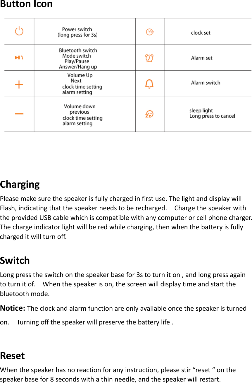 ButtonIconChargingPleasemakesurethespeakerisfullychargedinfirstuse.ThelightanddisplaywillFlash,indicatingthatthespeakerneedstoberecharged.ChargethespeakerwiththeprovidedUSBcablewhichiscompatiblewithanycomputerorcellphonecharger.Thechargeindicatorlightwillberedwhilecharging,thenwhenthebatteryisfullychargeditwillturnoff.SwitchLongpresstheswitchonthespeakerbasefor3stoturniton,andlongpressagaintoturnitof.Whenthespeakerison,thescreenwilldisplaytimeandstartthebluetoothmode.Notice:Theclockandalarmfunctionareonlyavailableoncethespeakeristurnedon.Turningoffthespeakerwillpreservethebatterylife.ResetWhenthespeakerhasnoreactionforanyinstruction,pleasestir“reset“onthespeakerbasefor8secondswithathinneedle,andthespeakerwillrestart.