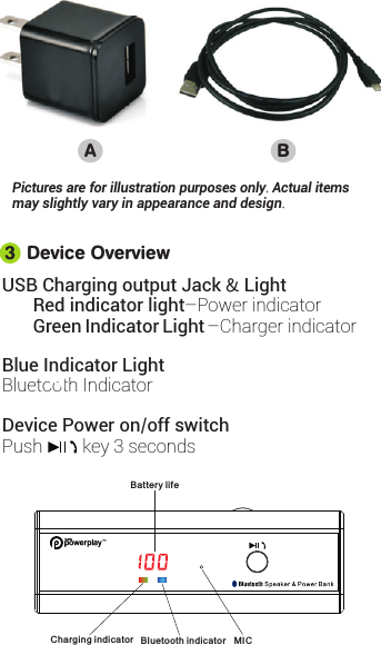 USB Charging output Jack &amp; LightRed indicator light–Power indicator  Green Indicator Light –Charger indicatorBlue Indicator LightBluetooth IndicatorDevice Power on/off switchPush         key 3 seconds Device Overview3ABINPictures are for illustration purposes only. Actual items may slightly vary in appearance and design.Charging indicator Bluetooth indicator MICBattery life