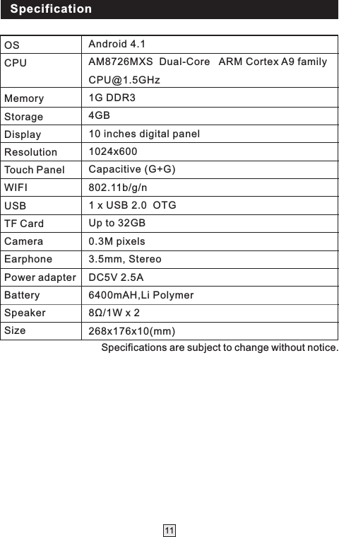 Specification11Specifications are subject to change without notice.OSCPUMemoryStorageDisplayResolutionTouch PanelWIFIUSBTF CardCameraEarphonePower adapterBatterySpeakerSizeAndroid 4.1 AM8726MXS  Dual-Core ARM Cortex A9 family CPU@1.5GHz1G DDR3 4GB10 inches digital panel1024x600 Capacitive (G+G)802.11b/g/n1 x USB 2.0  OTG Up to 32GB0.3M pixels3.5mm, StereoDC5V 2.5A6400mAH,Li Polymer 8Ω/1W x 2268x176x10(mm)