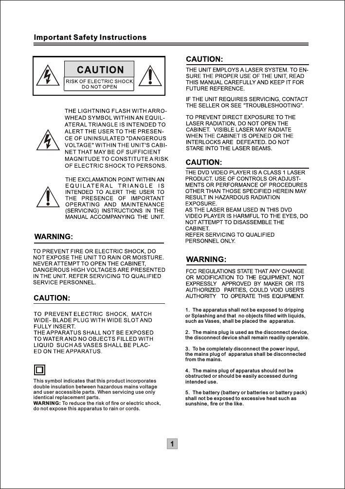 Important Safety InstructionsThis symbol indicates that this product incorporatesdouble insulation between hazardous mains voltageand user accessible parts. When servicing use onlyidentical replacement parts.WARNING: To reduce the risk of fire or electric shock,do not expose this apparatus to rain or cords.1.  The apparatus shall not be exposed to drippingor Splashing and that  no objects filled with liquids,such as Vases, shall be placed the  apparatus.2.  The mains plug is used as the disconnect device,the disconnect device shall remain readily operable.3.  To be completely disconnect the power input,the mains plug of  apparatus shall be disconnectedfrom the mains.4.  The mains plug of apparatus should not beobstructed or should be easily accessed duringintended use.5.  The battery (battery or batteries or battery pack)shall not be exposed to excessive heat such assunshine, fire or the like.1