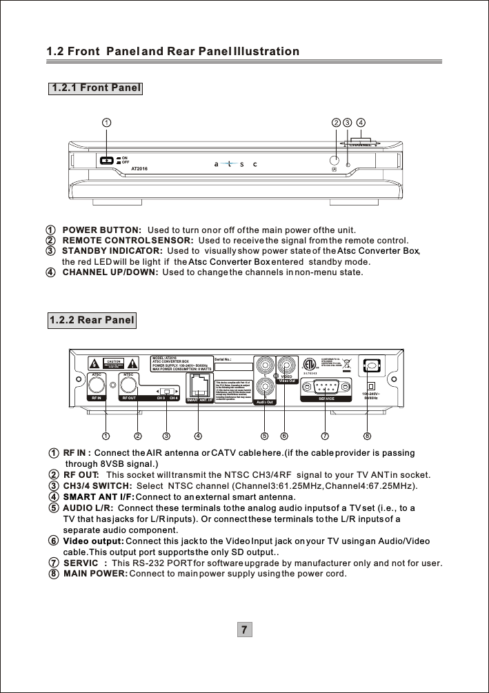 CH 4100-240V~50/60HzRLVIDEOSERVICEATSC NTSCSMART ANT. I/FSerial No.:RF OUTRF INAudio OutVideo OutMODEL: AT2016ATSC CONVERTER BOXPOWER SUPPLY: 100-240V~ 50/60HzMAX POWER CONSUMPTION: 8 WATTSCH 3This device complies with Part 15 ofthe FCC Rules. Operation is subjectto the following two conditions:(1) this device may not cause harmfulinterference, and (2) this device mustaccept any interference received,including interference that may causeundesired operation.CONFORMS TO ULSTD.60065CERTIFIED TO CSASTD.C22.2 No.60065AT2016ONOFFCHANNEL71.2 Front  Panel and Rear Panel Illustration 1.2.1 Front Panel12   RF OUT:   This socket will transmit the NTSC CH3/4 RF  signal to your  TV ANT in socket.3  CH3/4 SWITCH:  Select  NTSC channel (Channel3:61.25MHz, Channel4:67.25MHz).4567   SERVIC8   MAIN POWER:Connect to main power supply using the power cord. RF IN :  AUDIO L/R: :  This RS-232 PORT for software upgrade by manufacturer only and not for user.Connect the AIR antenna or CATV cable here.(if the cable provider is passing      through 8VSB signal.) SMART ANT I/F: Connect to an external smart antenna.Connect these terminals to the analog audio inputs of a TV set (i.e., to a     TV that has jacks for L/R inputs). Or connect these terminals to the L/R inputs of a      separate audio component.Video output: Connect this jack to the Video Input jack on your TV using an Audio/Video     cable.This output port supports the only SD output..1    POWER BUTTON:   Used to turn on or off of the main power of the unit. 2    REMOTE CONTROL SENSOR:  Used to receive the signal from the remote control.3 STANDBY INDICATOR:  Used to  visually show power state of the  ,      the red LED will be light  if  the   entered  standby mode.4.CHANNEL UP/DOWN: Used to change the channels in non-menu state.Atsc Converter BoxAtsc Converter Box1 2 34561.2.2 Rear Panel7 8