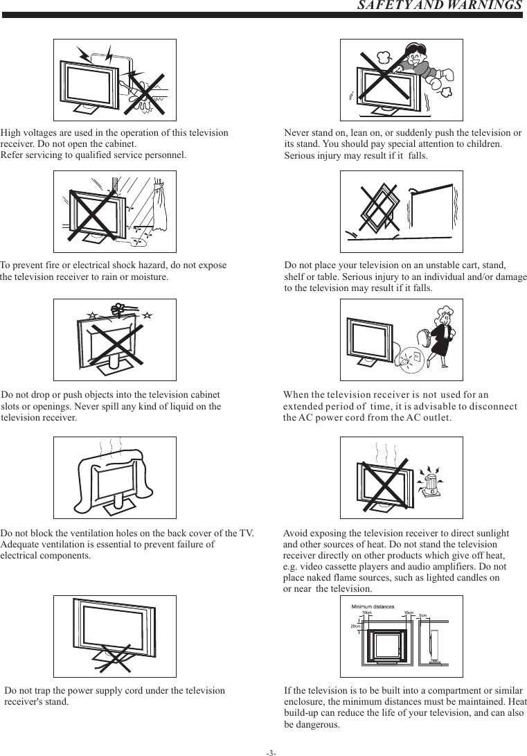 -3-                                                      High voltages are used in the operation of this television receiver. Do not  the cabinet.  Refer servicing to qualified service personnel.open SAFETY AND WARNINGS                                                               To prevent fire or electrical shock hazard, do not expose  the television receiver to rain or moisture.                                                    Do not drop or push objects into the television cabinet  slots or openings. Never spill any kind of liquid on the television receiver.                      Do not block the ventilation holes on the back cover  . Adequate ventilation is essential to prevent failure of  electrical components.of the TV                    Do not trap the power supply cord under the television receiver s  .&apos; stand                   Never stand on, lean on, or suddenly push the television or its stand. You should pay special attention to children. Serious injury may result if it  falls.                    Do not place your television on an unstable cart, stand, shelf or table. Serious injury to an individual and  damage to the television may result if it falls./or                   When the television receiver is not  used for an extended period of  time, it is advisable to disconnect the AC power cord from the AC outlet.                                 Avoid exposing the television receiver to direct sunlight and other sources of heat. Do not stand the television receiver directly on other products which give off heat, e.g. video cassette players and audio amplifiers. Do not place naked flame sources, such as lighted candles on the television. or near Dim:51 5*320mm(不包括底座）                                   If the television is to be built into a compartment or similar enclosure, the minimum distances must be maintained. Heat build-up can reduce the life of your television, and can also be dangerous.