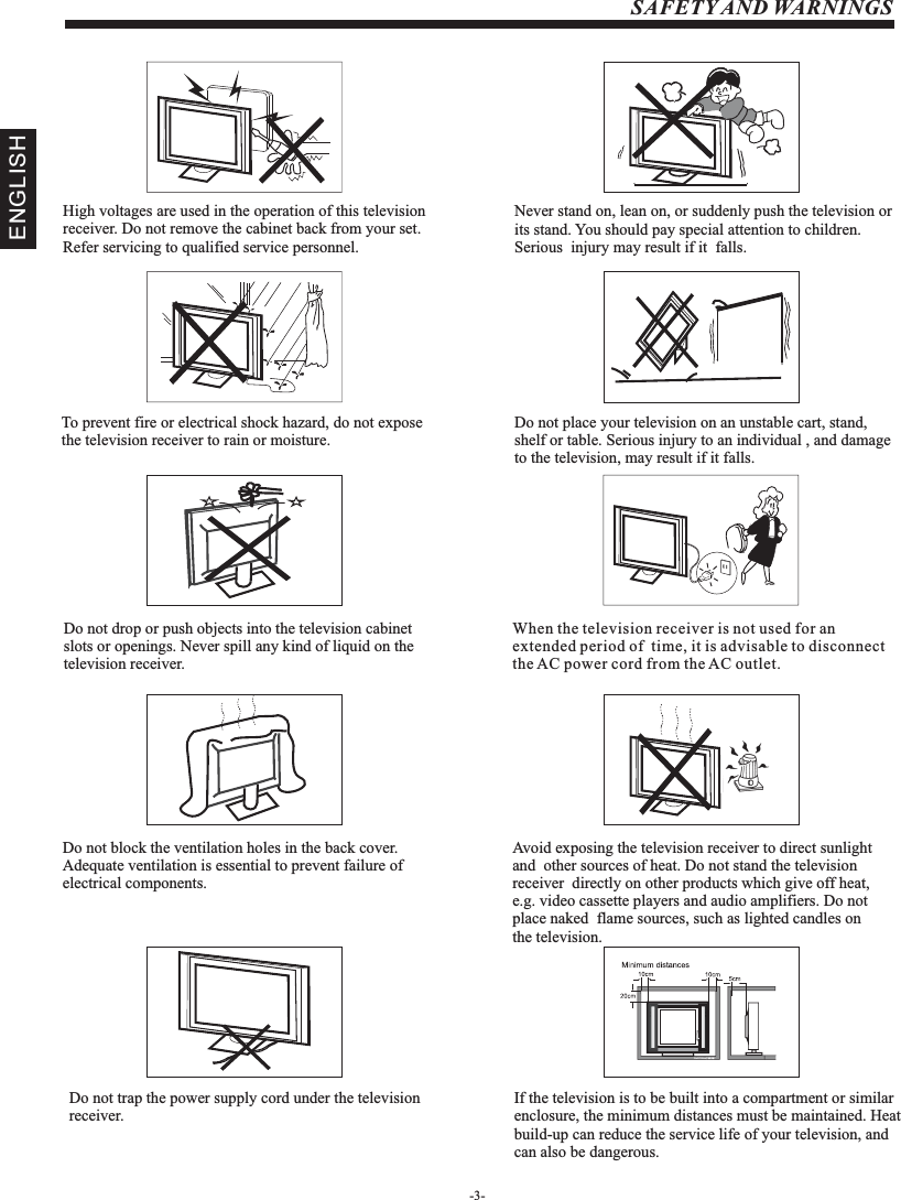                                                       High voltages are used in the operation of this television receiver. Do not remove the cabinet back from your set.  Refer servicing to qualified service personnel.SAFETY AND WARNINGS                                                               To prevent fire or electrical shock hazard, do not expose  the television receiver to rain or moisture.                                                    Do not drop or push objects into the television cabinet  slots or openings. Never spill any kind of liquid on the television receiver.                      Do not block the ventilation holes in the back cover. Adequate ventilation is essential to prevent failure of  electrical components.                    Do not trap the power supply cord under the television receiver.                   Never stand on, lean on, or suddenly push the television or its stand. You should pay special attention to children. Serious  injury may result if it  falls.                    Do not place your television on an unstable cart, stand, shelf or table. Serious injury to an individual , and damage to the television, may result if it falls.                   When the television receiver is not used for an extended period of  time, it is advisable to disconnect the AC power cord from the AC outlet.                                 Avoid exposing the television receiver to direct sunlight and  other sources of heat. Do not stand the television receiver  directly on other products which give off heat, e.g. video cassette players and audio amplifiers. Do not place naked  flame sources, such as lighted candles on the television. Dim:515*320mm(不包括底座）                                   If the television is to be built into a compartment or similar enclosure, the minimum distances must be maintained. Heat build-up can reduce the service life of your television, and can also be dangerous.ENGLISH-3-