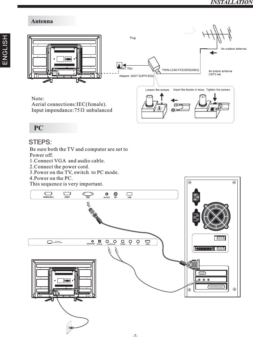 AntennaINSTALLATIONNote:Aerial connections:IEC(female).Input impendance:75     unbalanced.STEPS:PCBe sure both the TV and computer are set to  Power off.1.Connect VGA  and audio cable.2.Connect the power cord.3.Power on the TV, switch  to PC mode.4.Power on the PC.This sequence is very important.ENGLISHHDMI3Y/VIDEO Pb PrLRAUD IO INOPTICALHEADPHONEHDMI2(ARC) USBVGA R FAV OUTHDMI1-7-